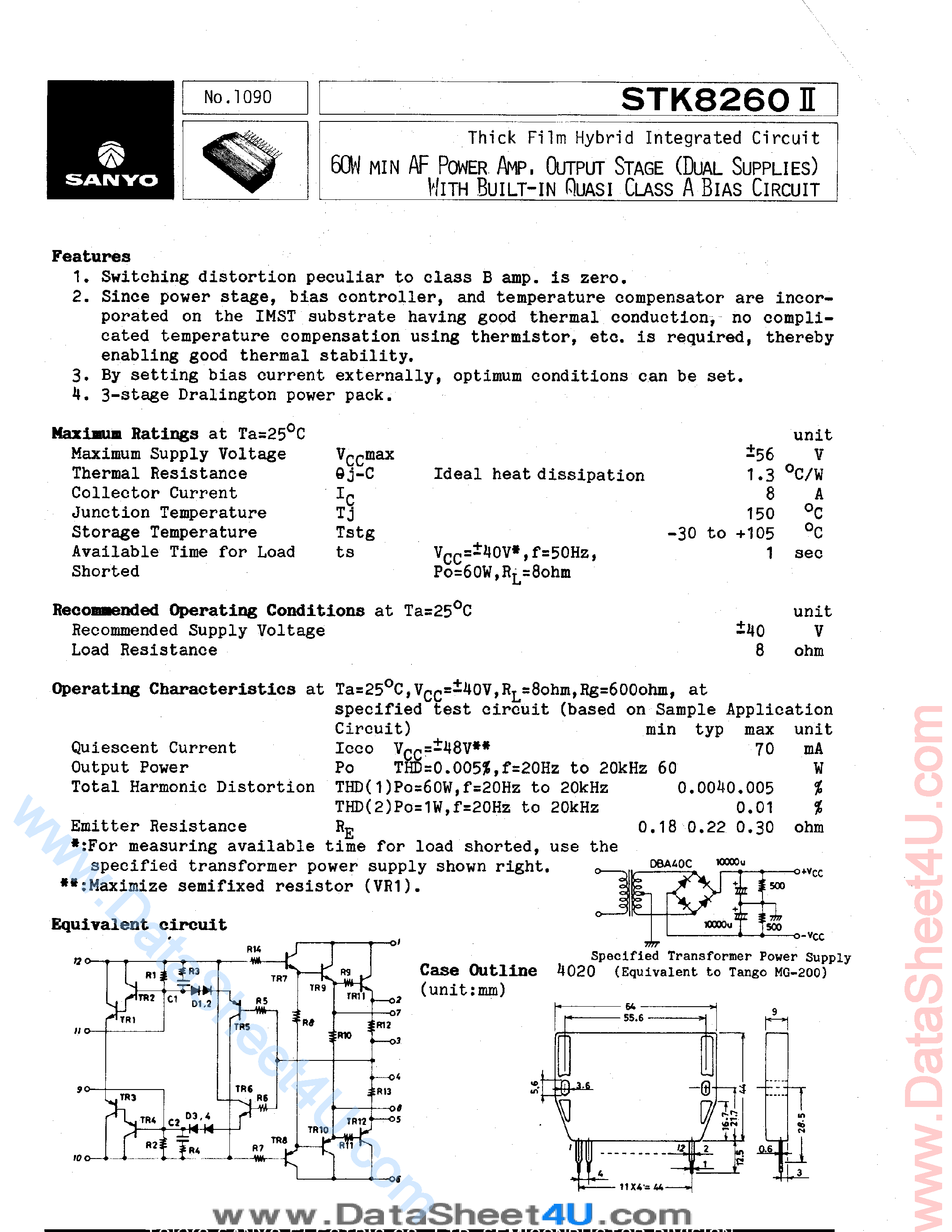 Datasheet STK8260II page 1 Datasheet STK8260II - 60W min AF Power Amp / Output Stage page 1