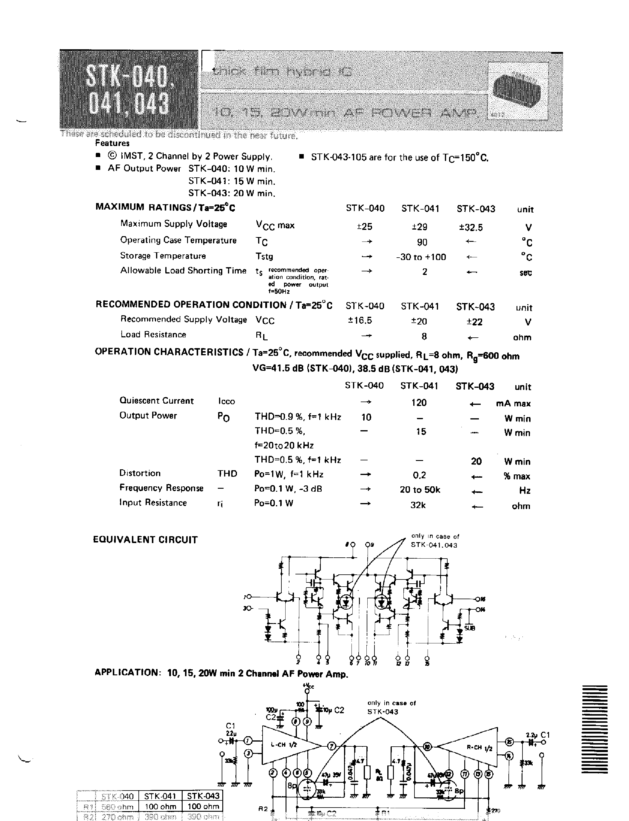 Datasheet STK-040 - (STK040 - STK043) 10 / 15 / 20W MIN AF POWER AMP page 1