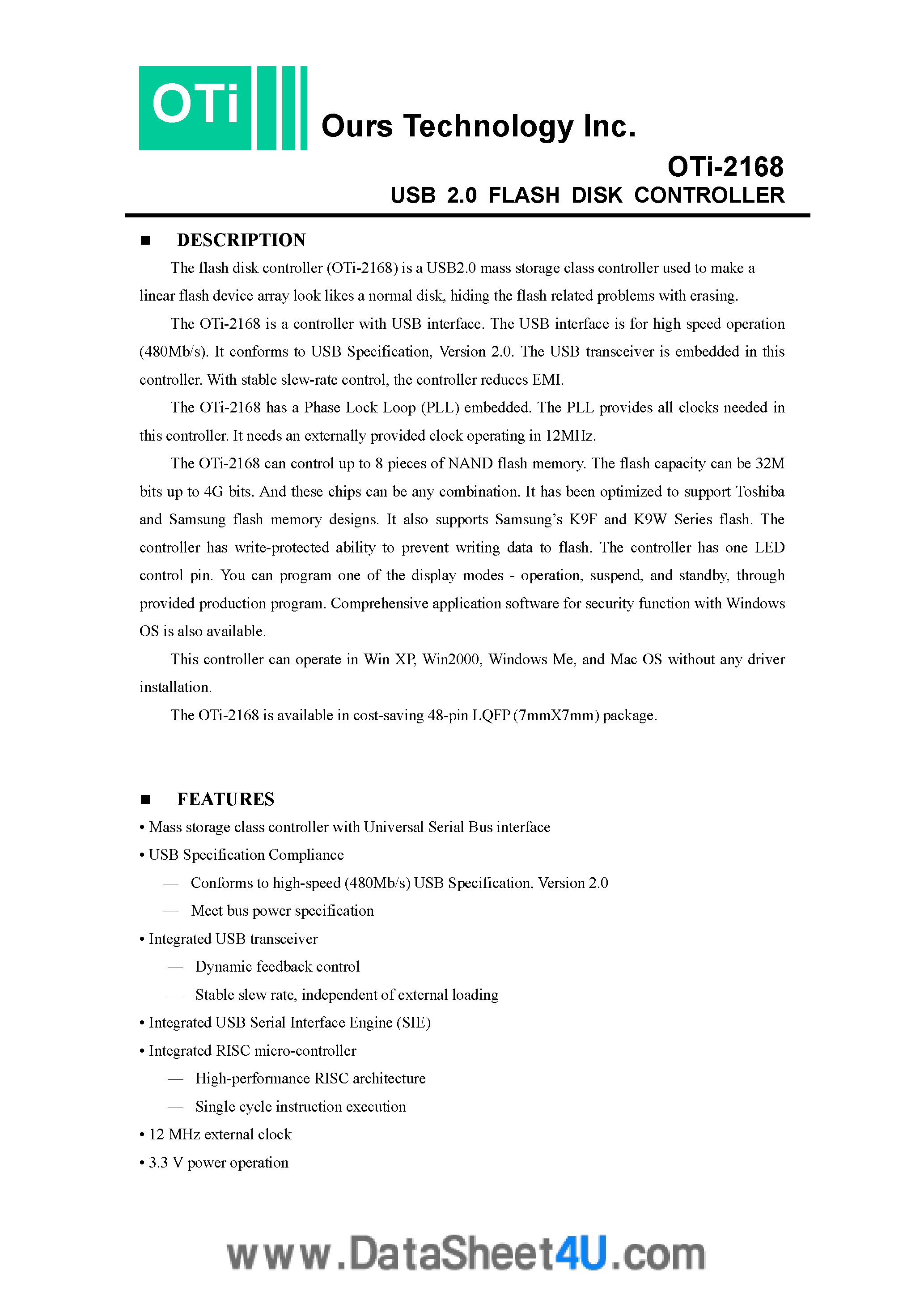 Datasheet OTI-002168 - USB 2.0 Flash Disk Controller page 1
