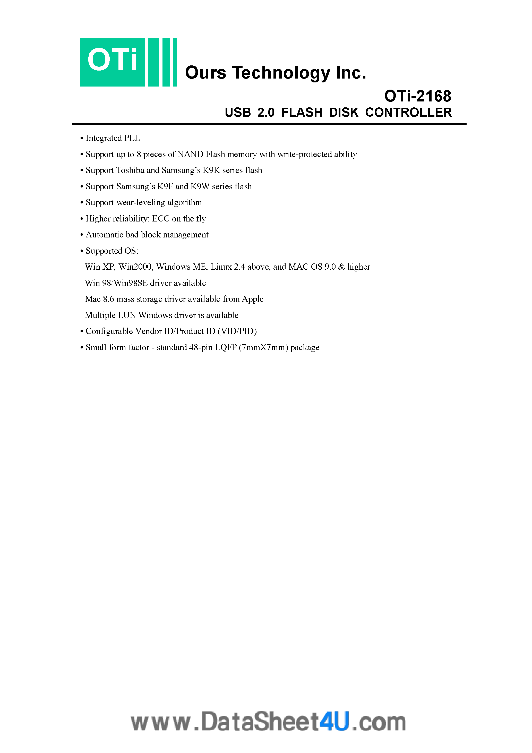 Datasheet OTI-002168 - USB 2.0 Flash Disk Controller page 2