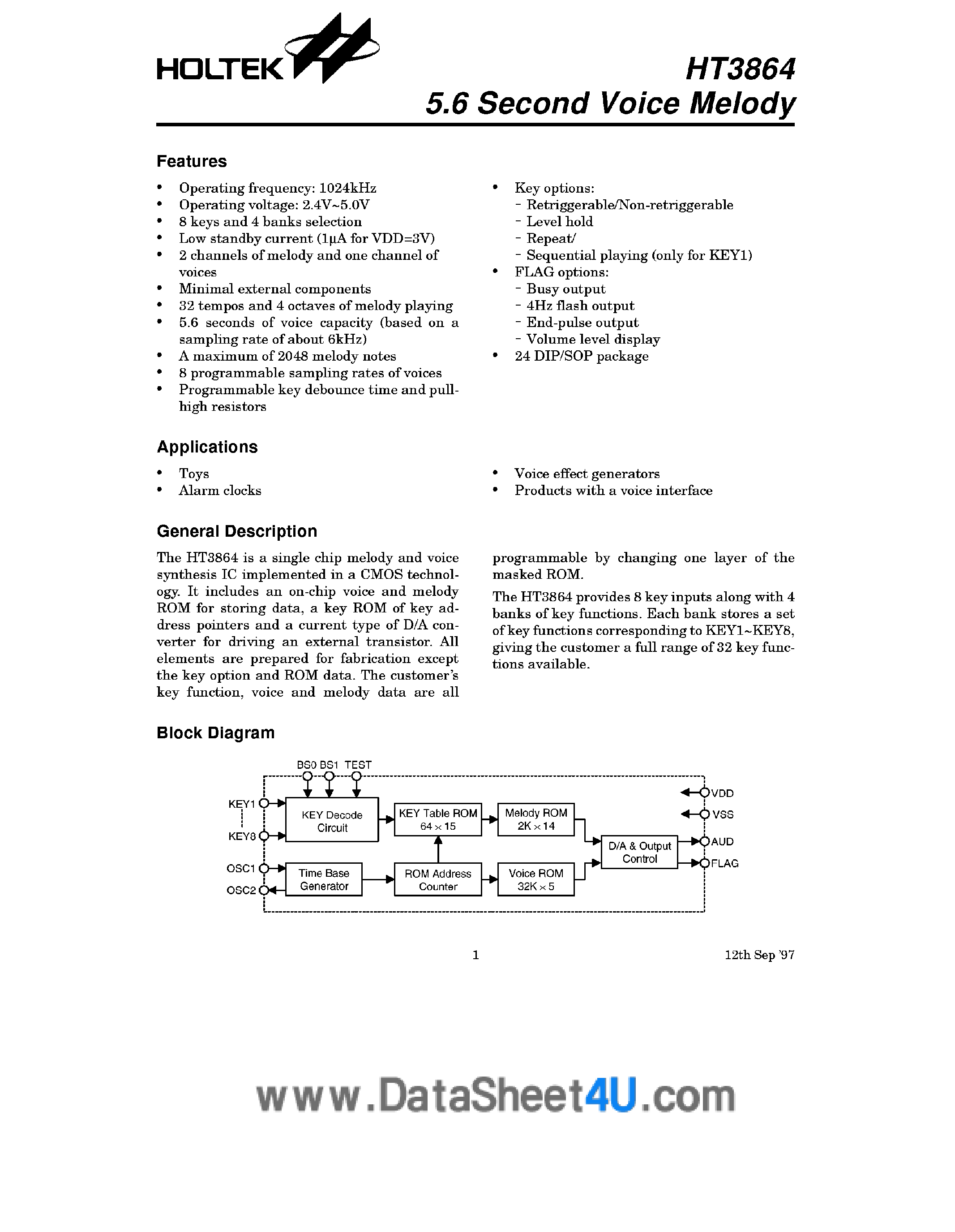 Datasheet HT3864 page 1 Datasheet HT3864 - 5.6 Second Voice Melody page 1