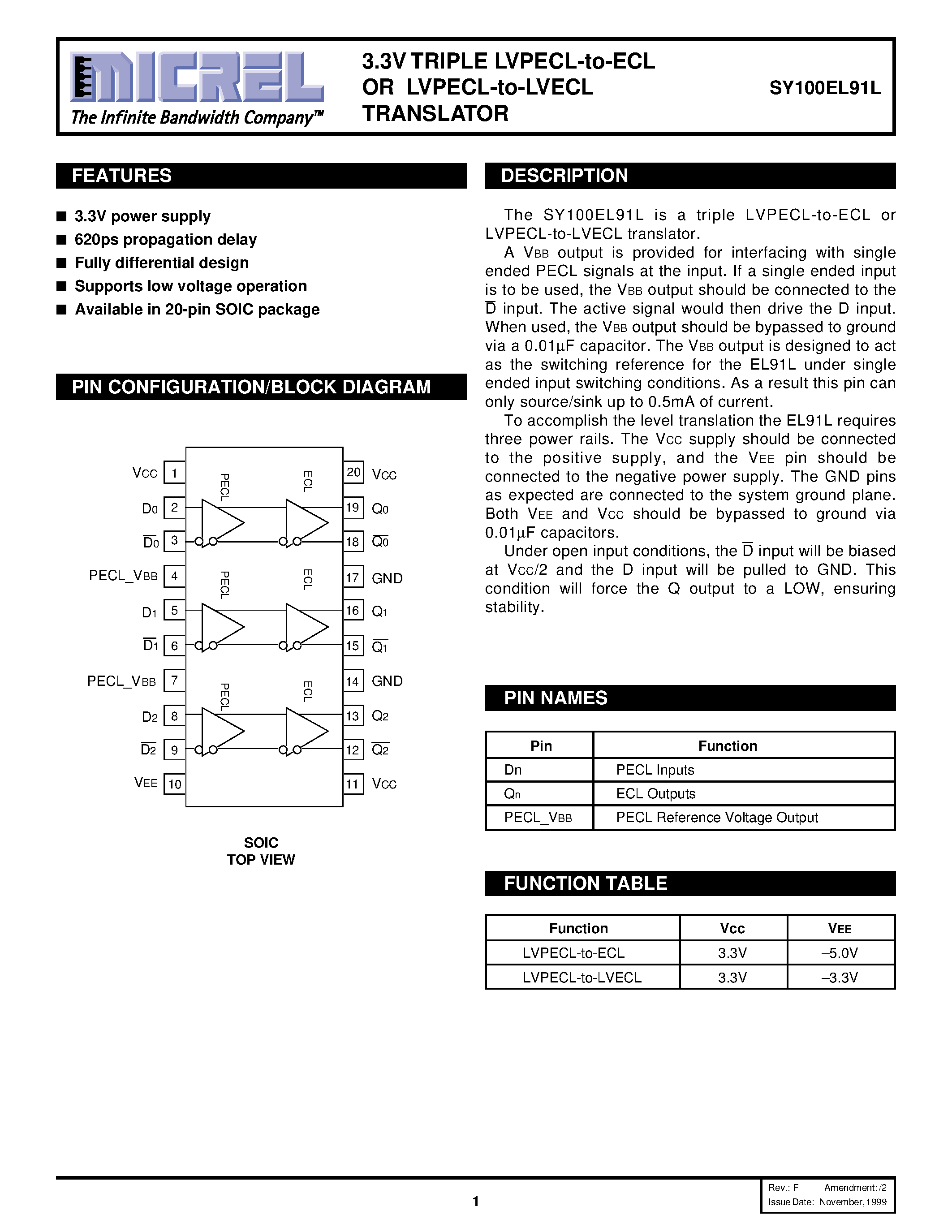 Datasheet SY100EL91L - 3.3V TRIPLE LVPECL-to-ECL OR LVPECL-to-LVECL TRANSLATOR page 1