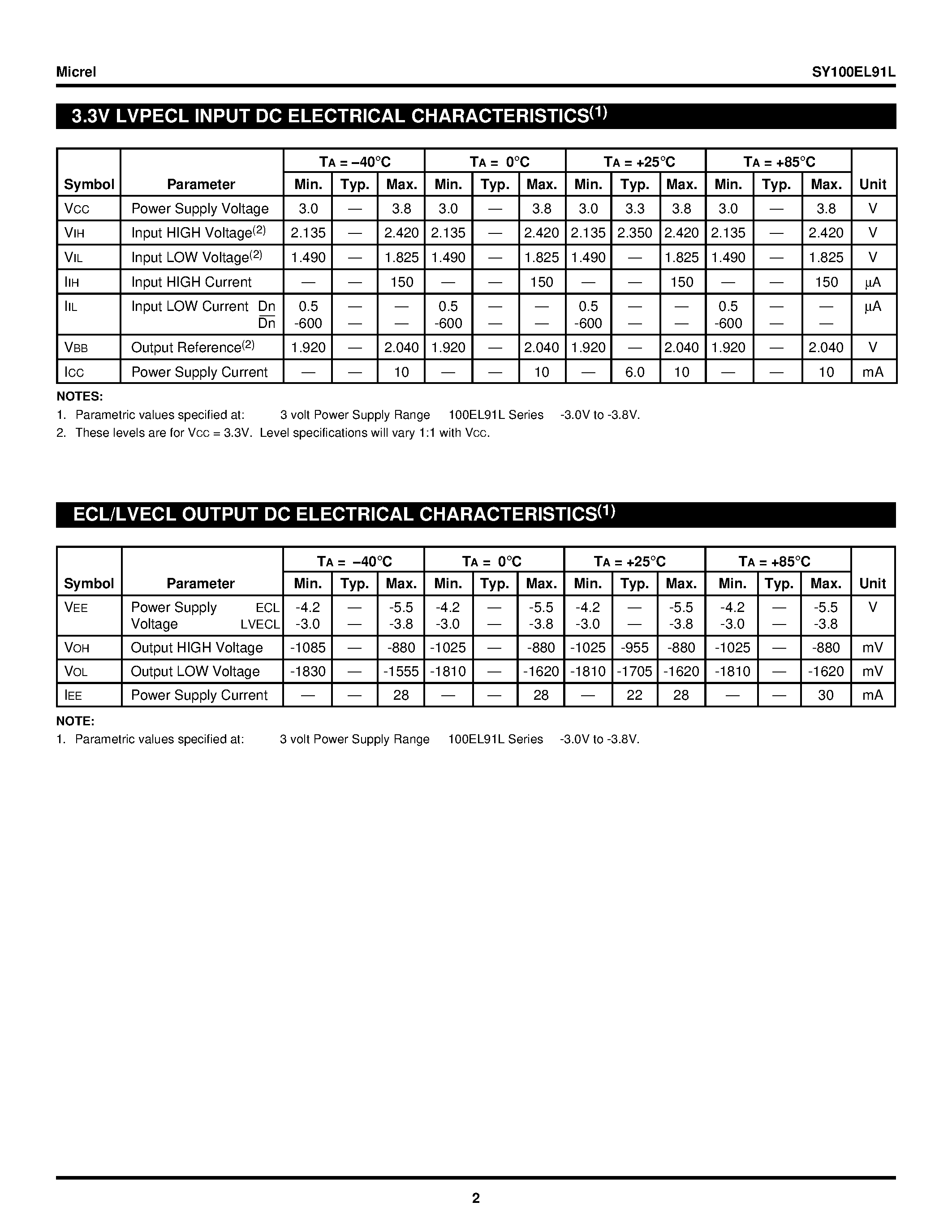 Datasheet SY100EL91L - 3.3V TRIPLE LVPECL-to-ECL OR LVPECL-to-LVECL TRANSLATOR page 2