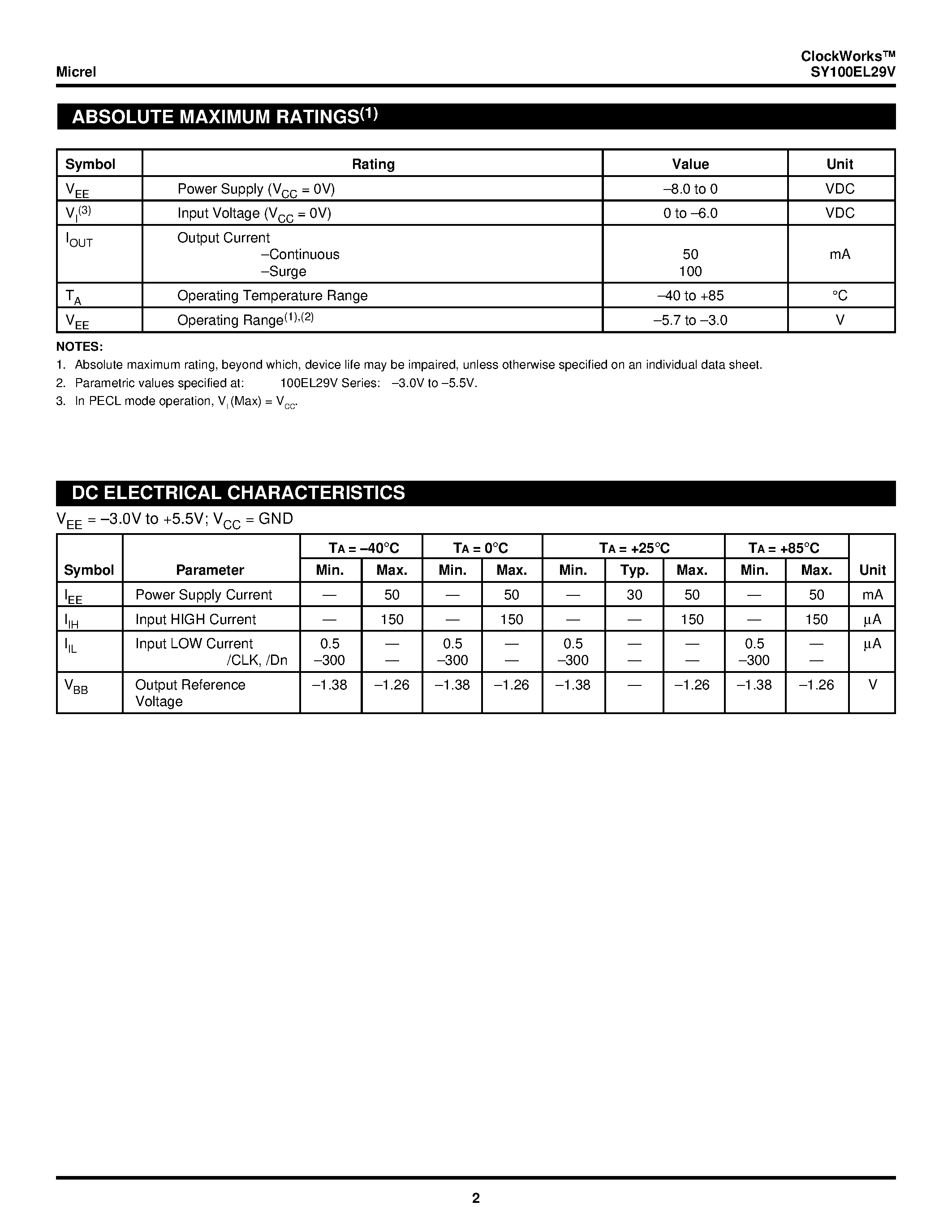Даташит SY100EL29V - 5V/3.3V DUAL DIFFERENTIAL DATA AND CLOCK D FLIP-FLOP w/SET AND RESET страница 2