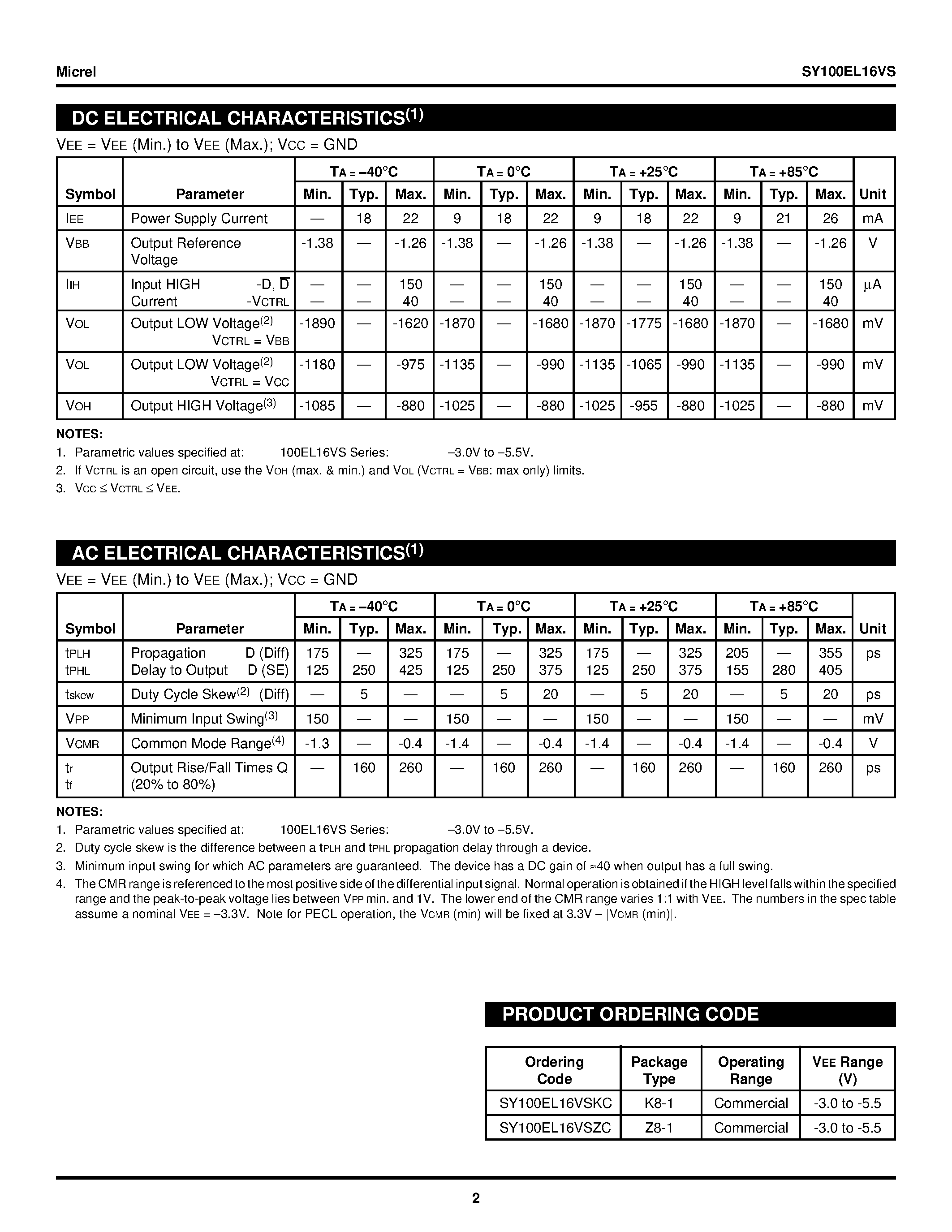 Datasheet SY100EL16VS - 5V/3.3V VARIABLE OUTPUT SWING DIFFERENTIAL RECEIVER page 2