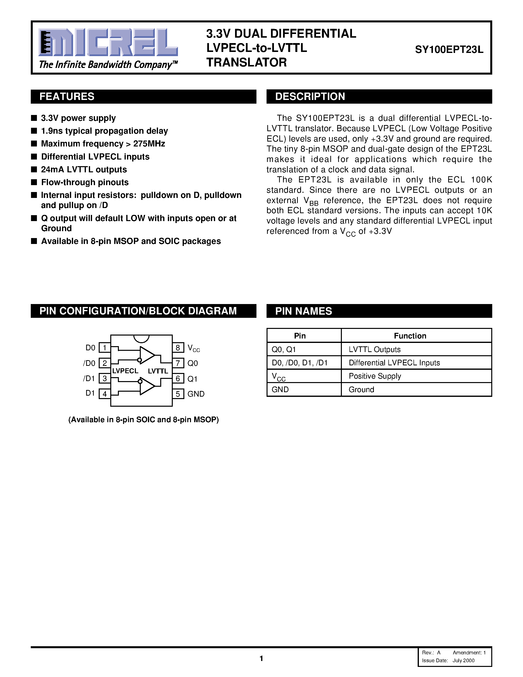 Datasheet SY100EPT23L - 3.3V DUAL DIFFERENTIAL LVPECL-to-LVTTL TRANSLATOR page 1