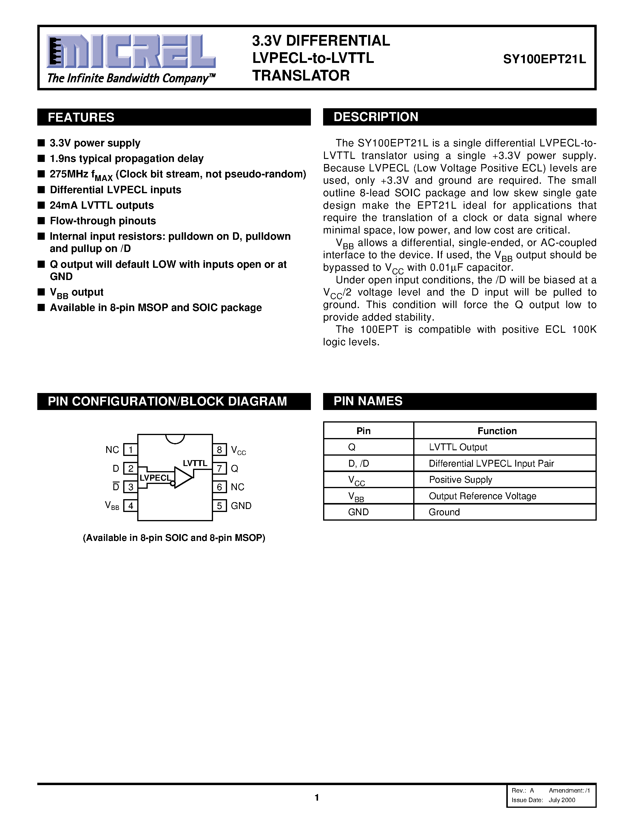 Datasheet SY100EPT21L page 1 Datasheet SY100EPT21L - 3.3V DIFFERENTIAL LVPECL-to-LVTTL TRANSLATOR page 1