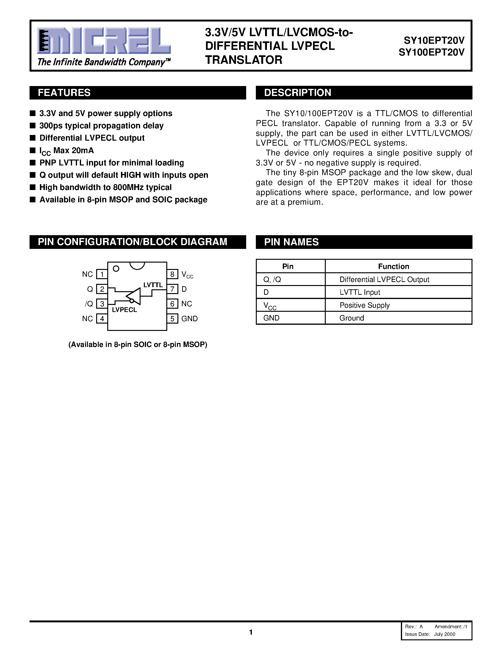 Datasheet SY100EPT20V - 3.3V/5V LVTTL/LVCMOS-to- DIFFERENTIAL LVPECL TRANSLATOR page 1