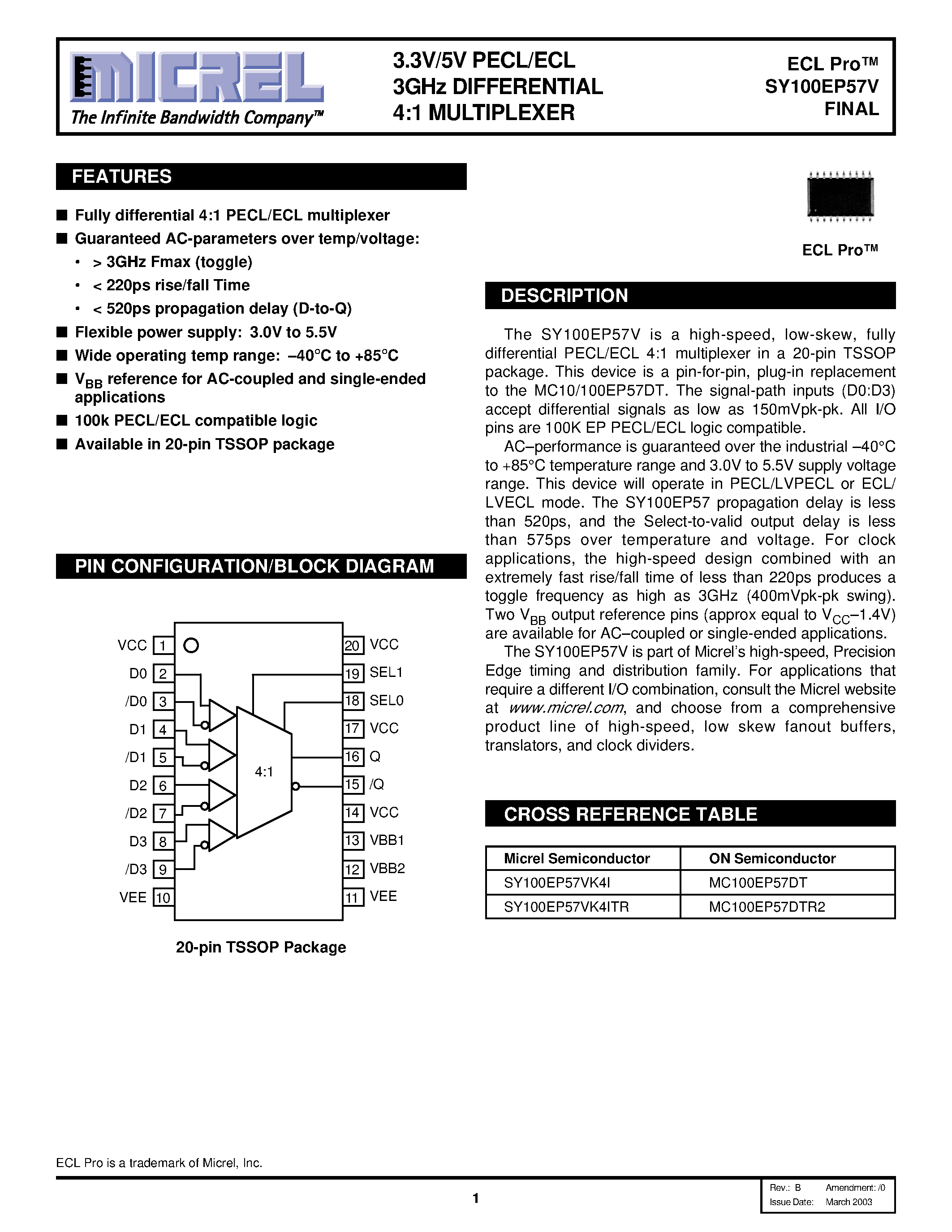 Datasheet SY100EP57V - 3.3V/5V PECL/ECL 3GHz DIFFERENTIAL 4:1 MULTIPLEXER page 1