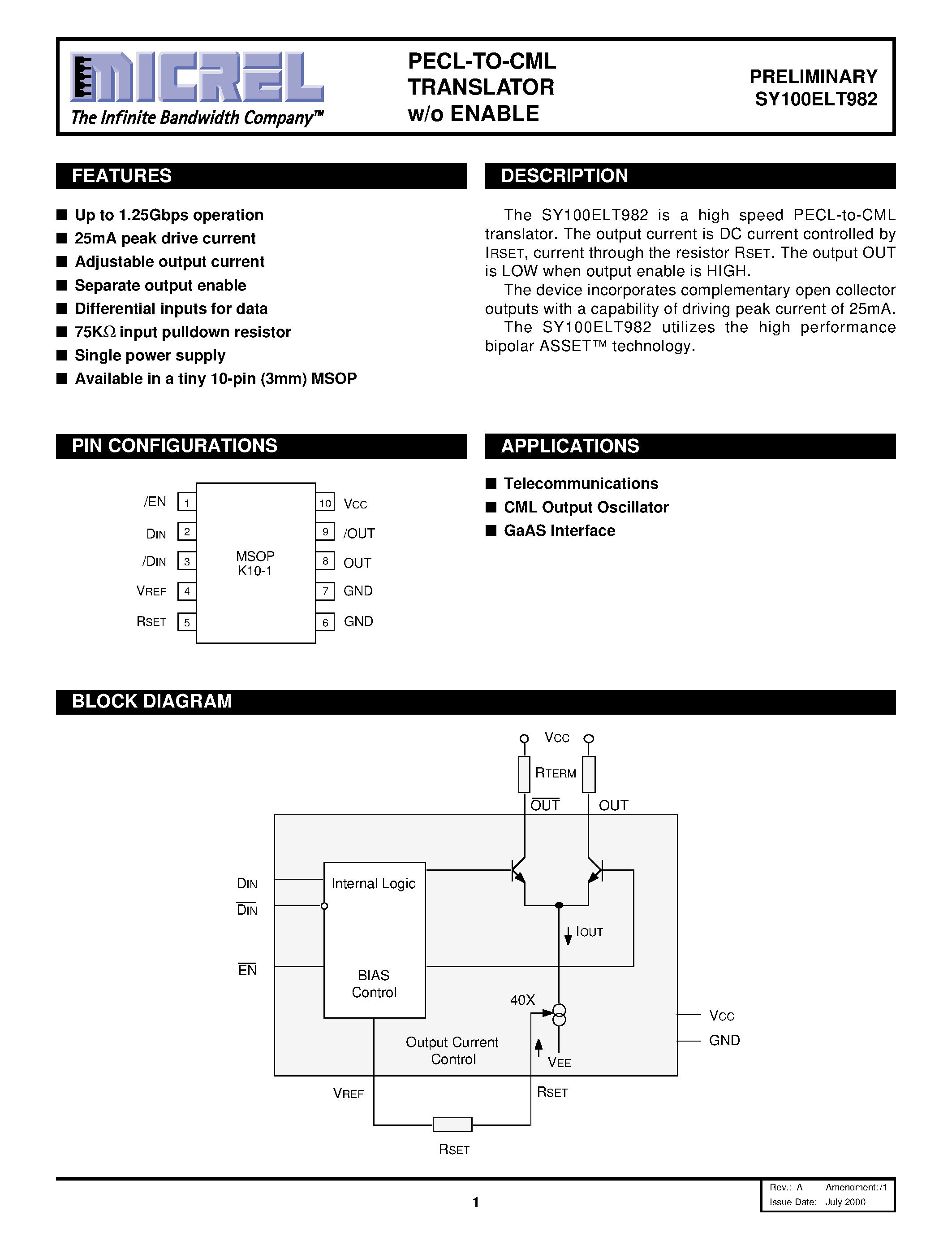 Даташит на микросхему SY100ELT982 страница 1 Даташит SY100ELT982 - PECL-TO-CML TRANSLATOR w/o ENABLE страница 1