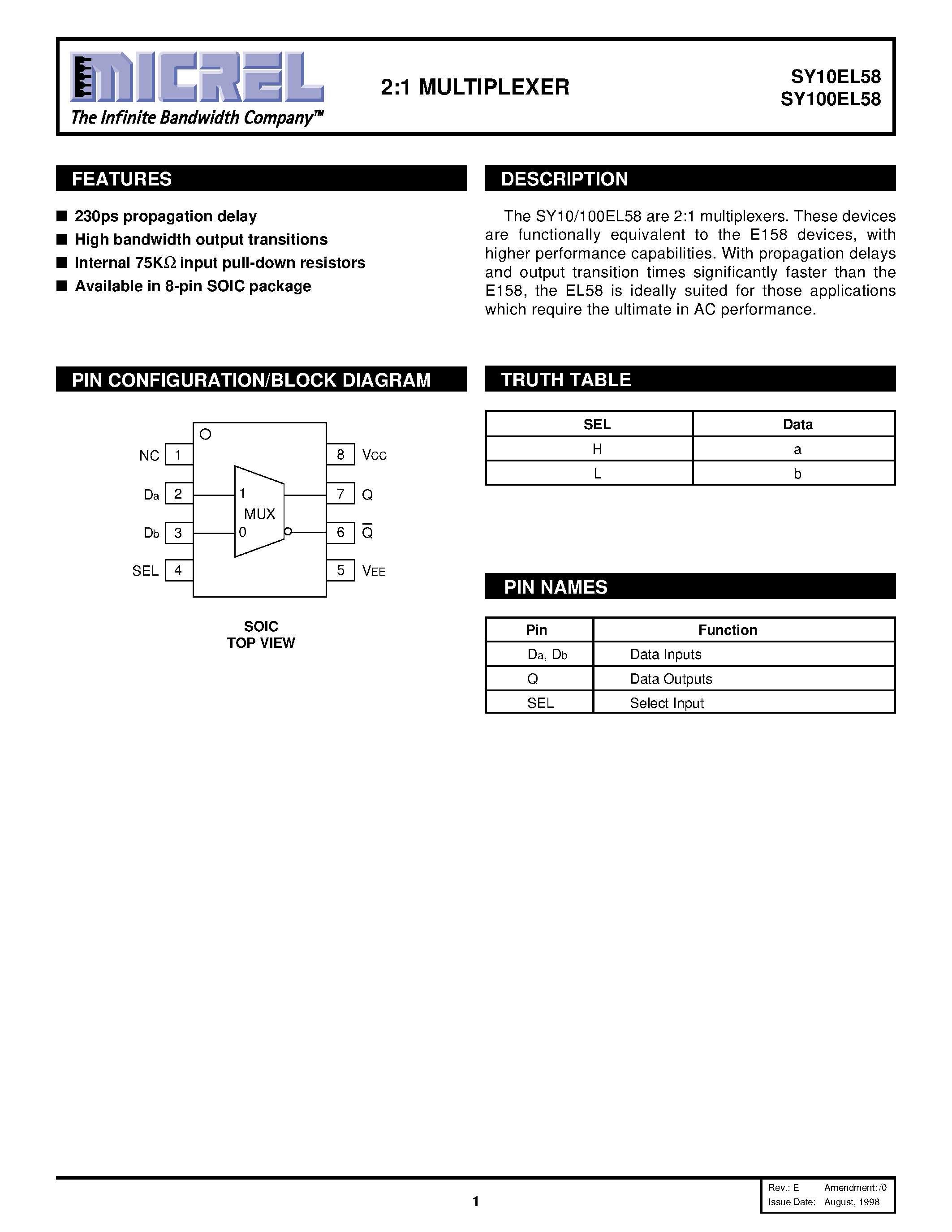 Datasheet SY100EL58 - 2:1 MULTIPLEXER page 1