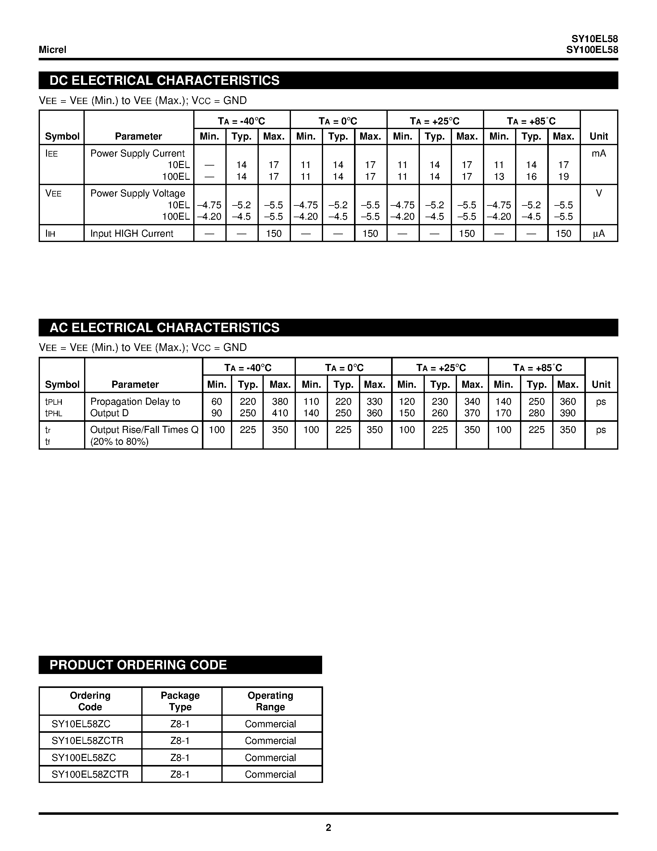 Datasheet SY100EL58 - 2:1 MULTIPLEXER page 2