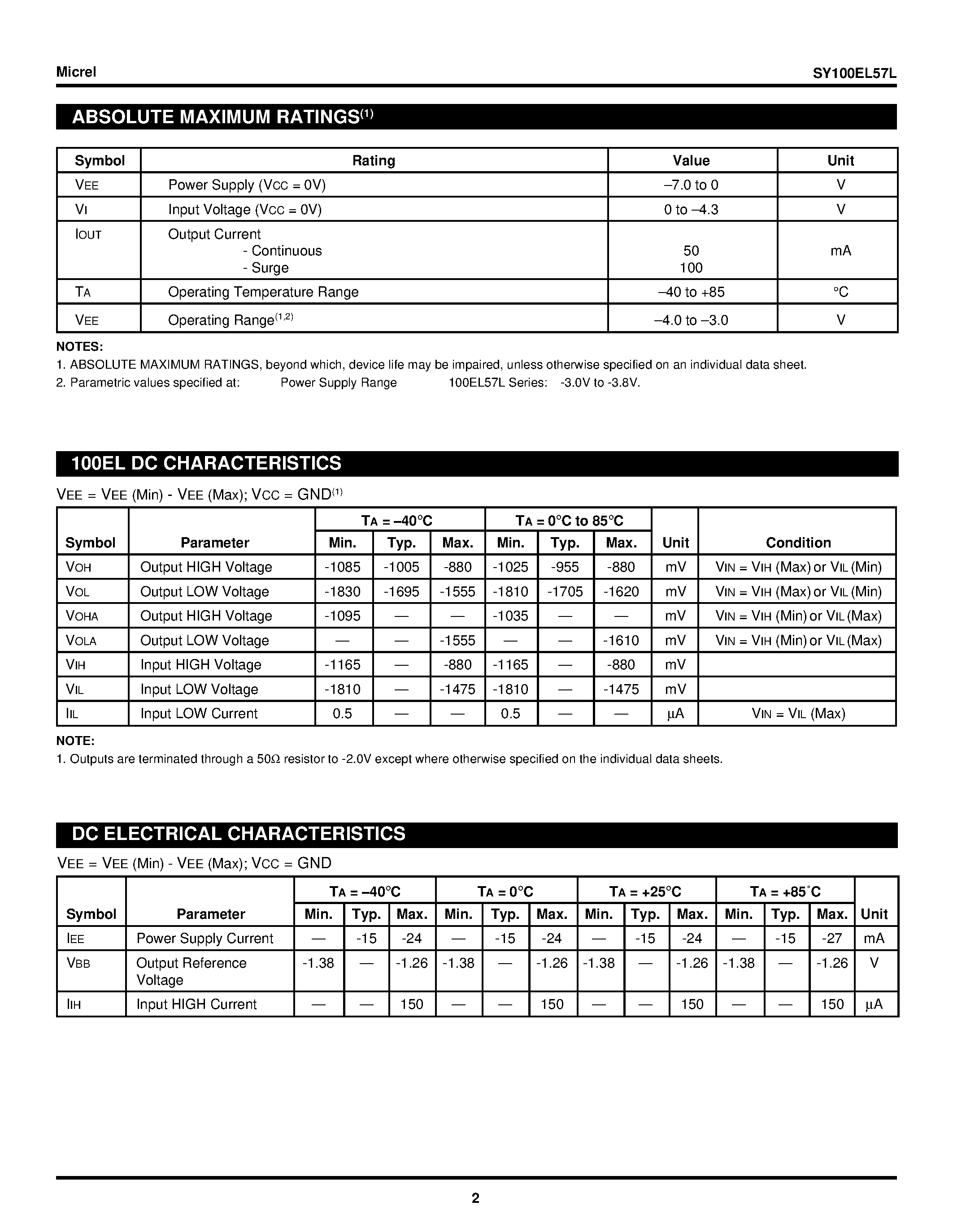 Datasheet SY100EL57L page 2 Datasheet SY100EL57L - 3.3V 4:1 DIFFERENTIAL MULTIPLEXER page 2