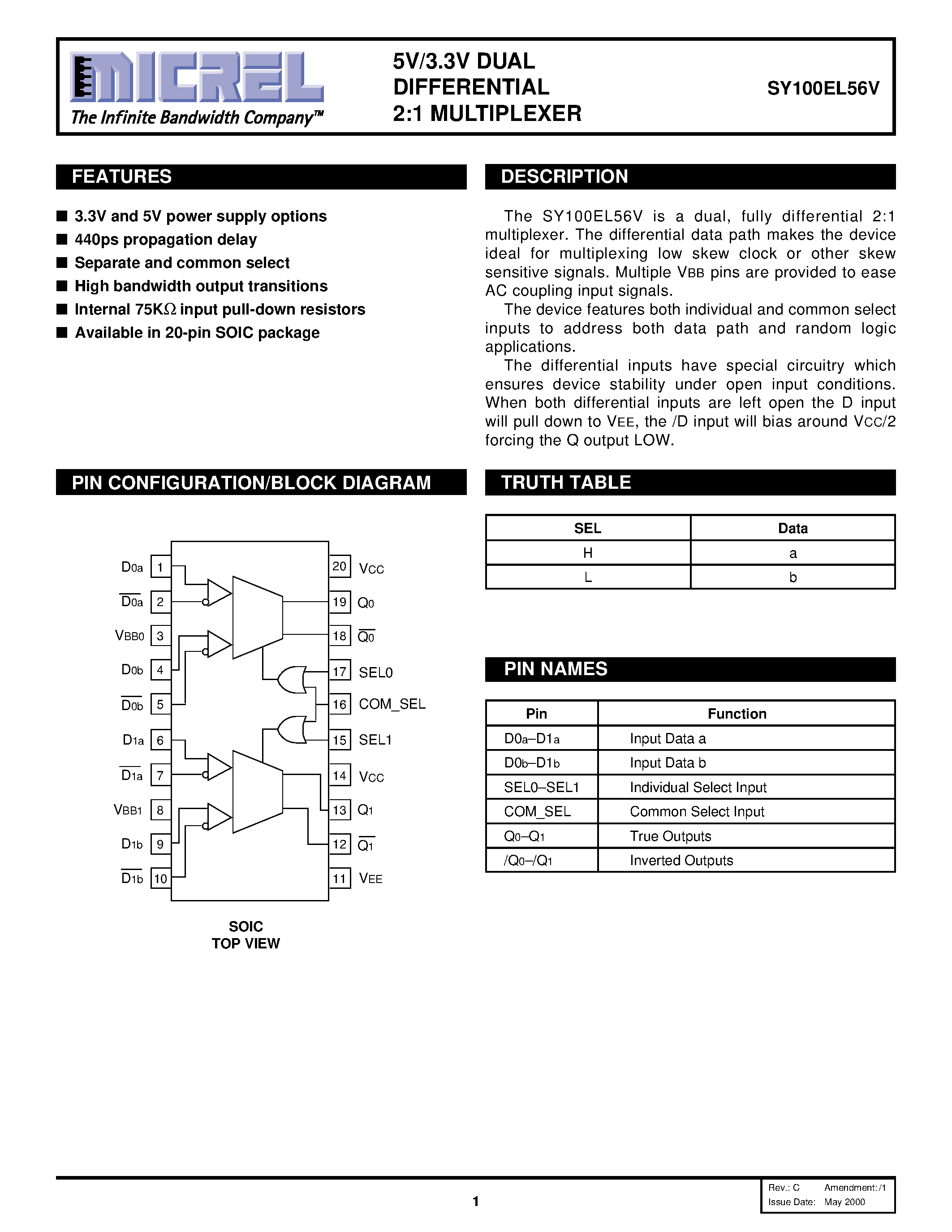 Datasheet SY100EL56V - 5V/3.3V DUAL DIFFERENTIAL 2:1 MULTIPLEXER page 1