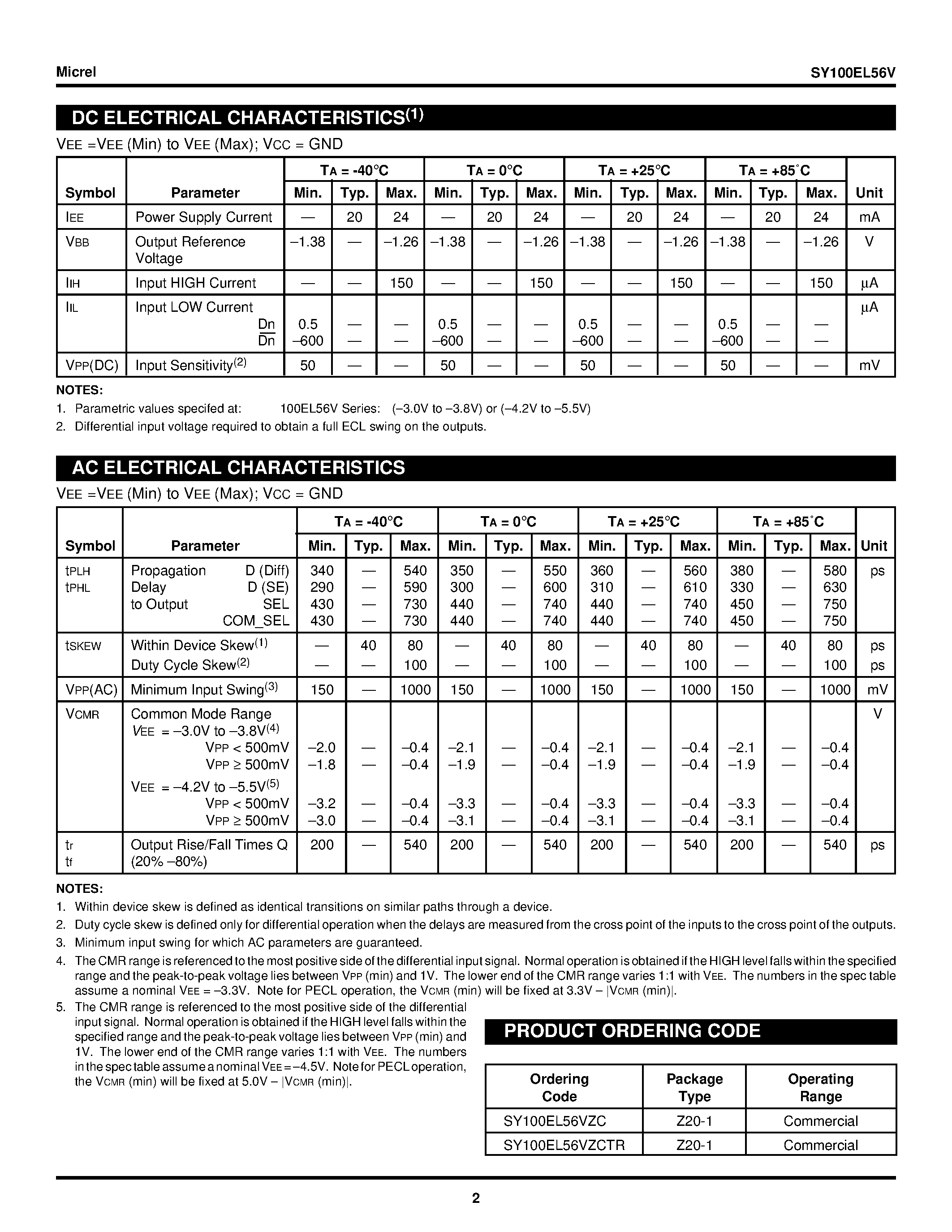 Datasheet SY100EL56V - 5V/3.3V DUAL DIFFERENTIAL 2:1 MULTIPLEXER page 2