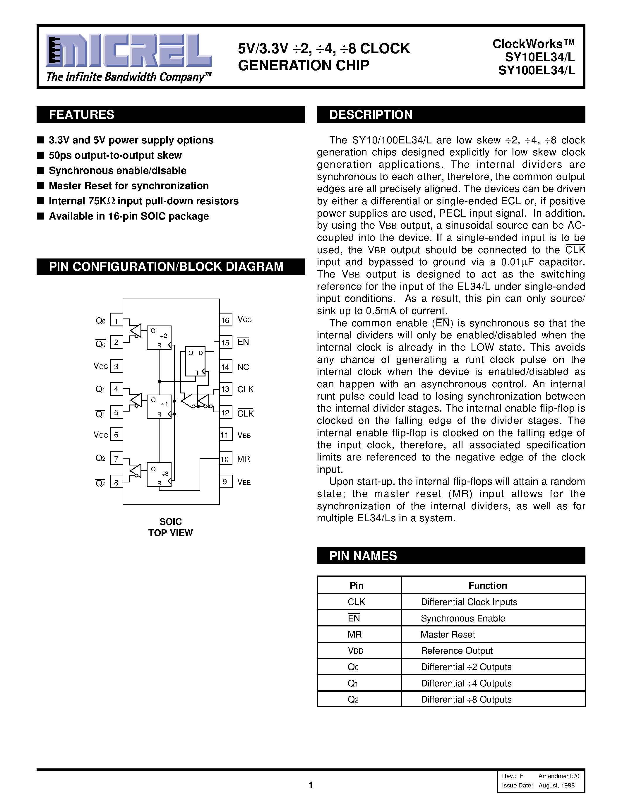 Datasheet SY100EL34L - 5V/3.3V /2 /4 /8 CLOCK GENERATION CHIP page 1