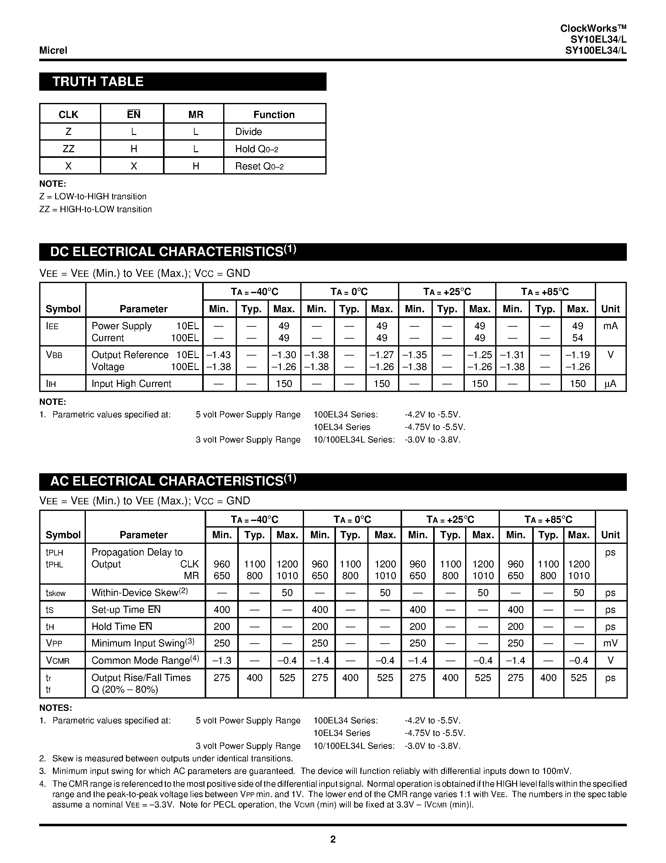 Datasheet SY100EL34L - 5V/3.3V /2 /4 /8 CLOCK GENERATION CHIP page 2