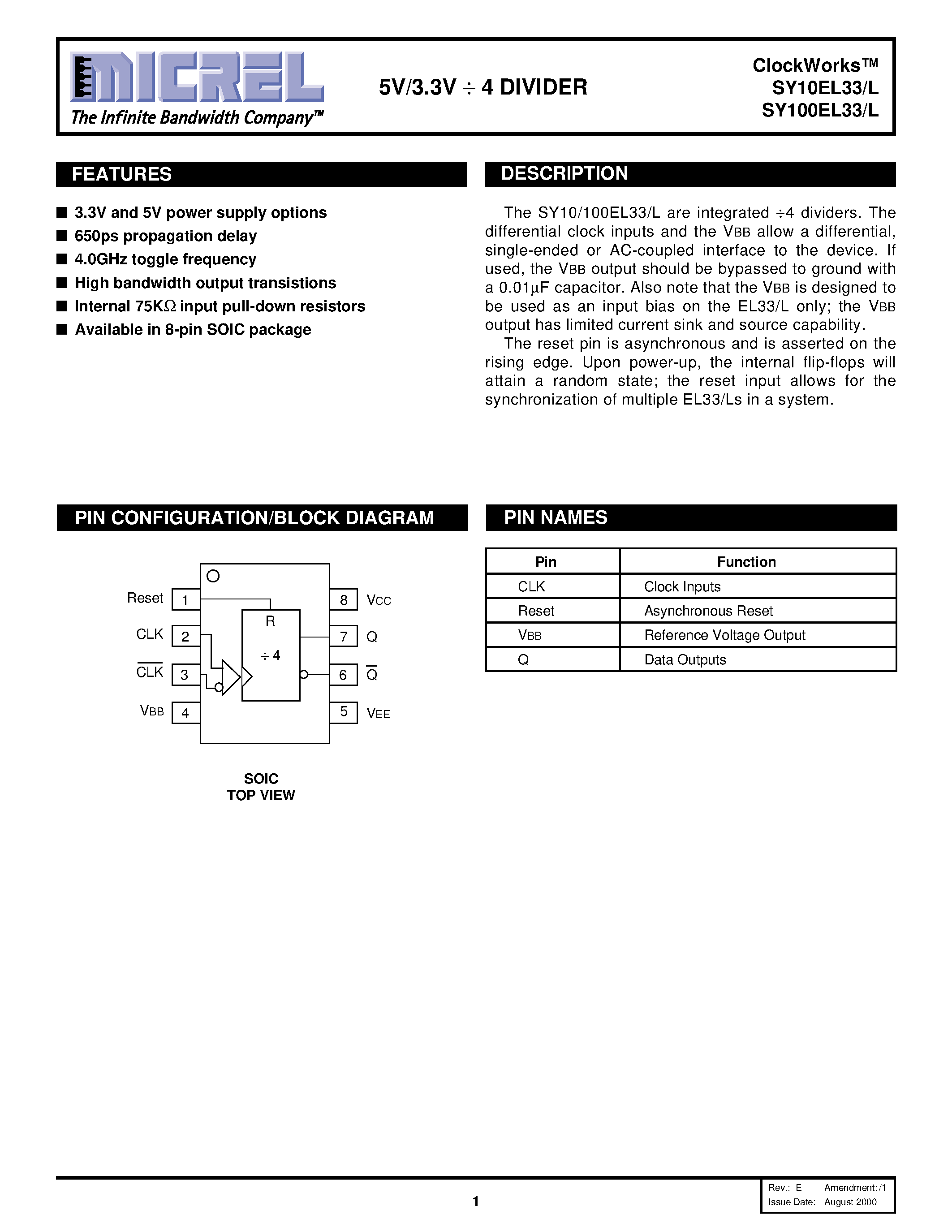 Datasheet SY100EL33L - 5V/3.3V / 4 DIVIDER page 1