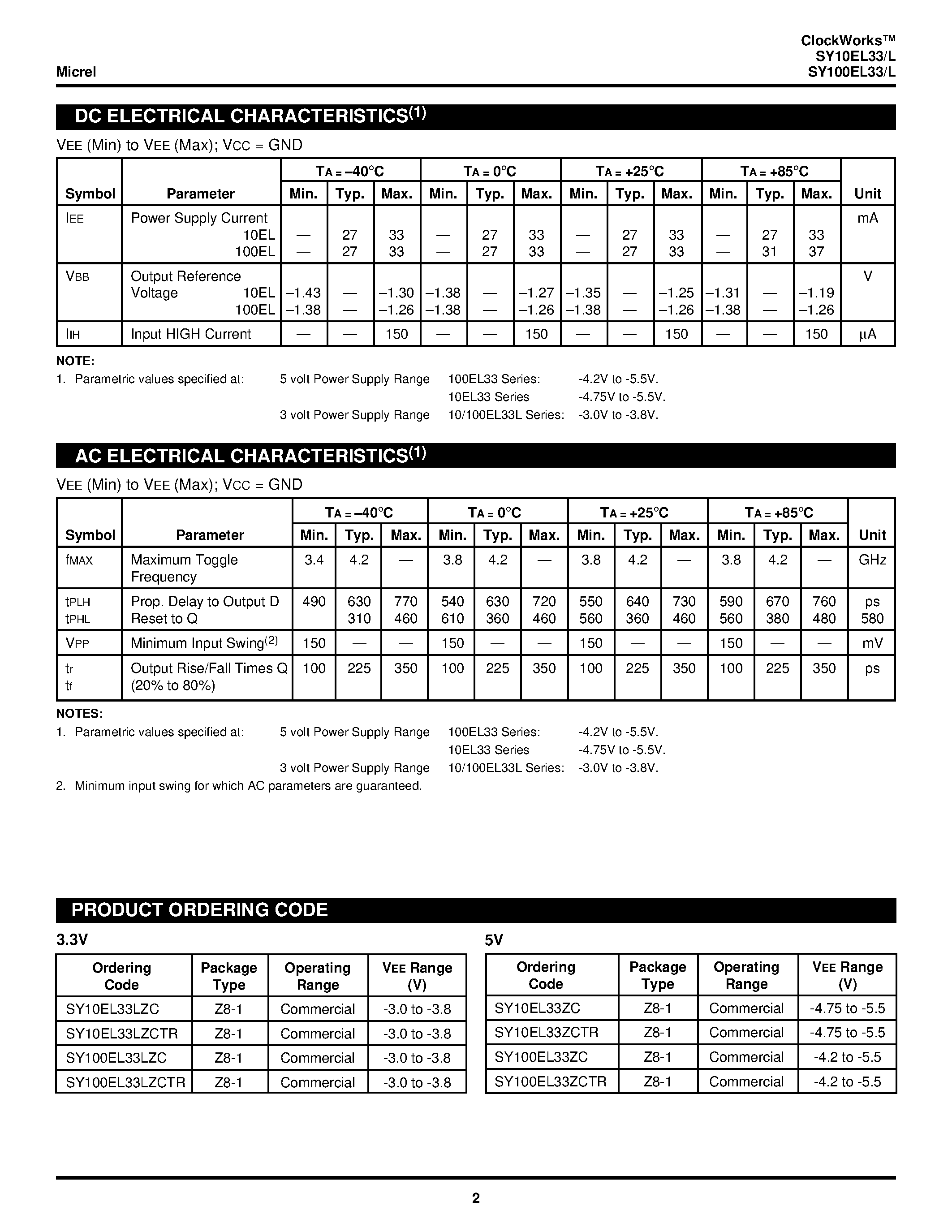 Datasheet SY100EL33L - 5V/3.3V / 4 DIVIDER page 2