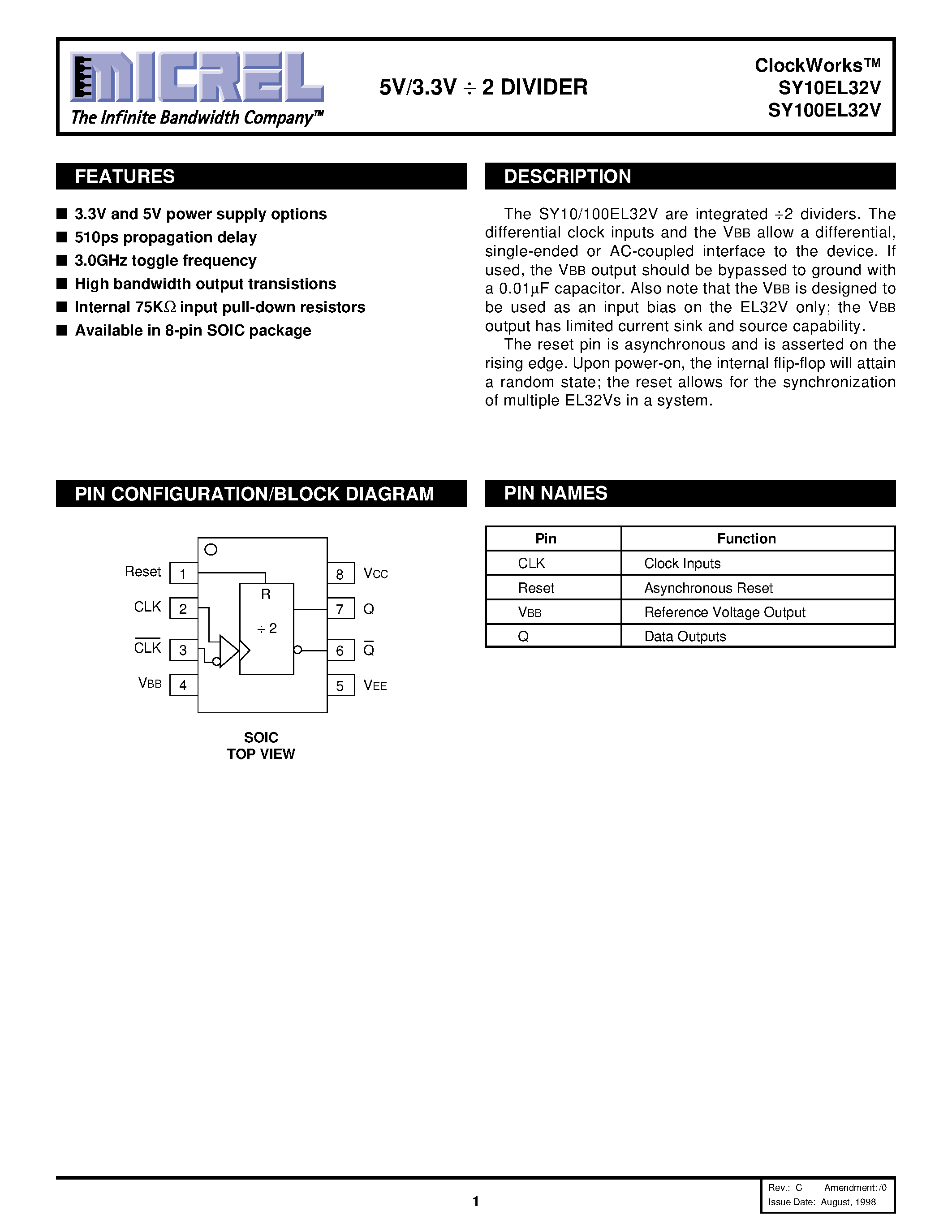 Datasheet SY100EL32V - 5V/3.3V / 2 DIVIDER page 1
