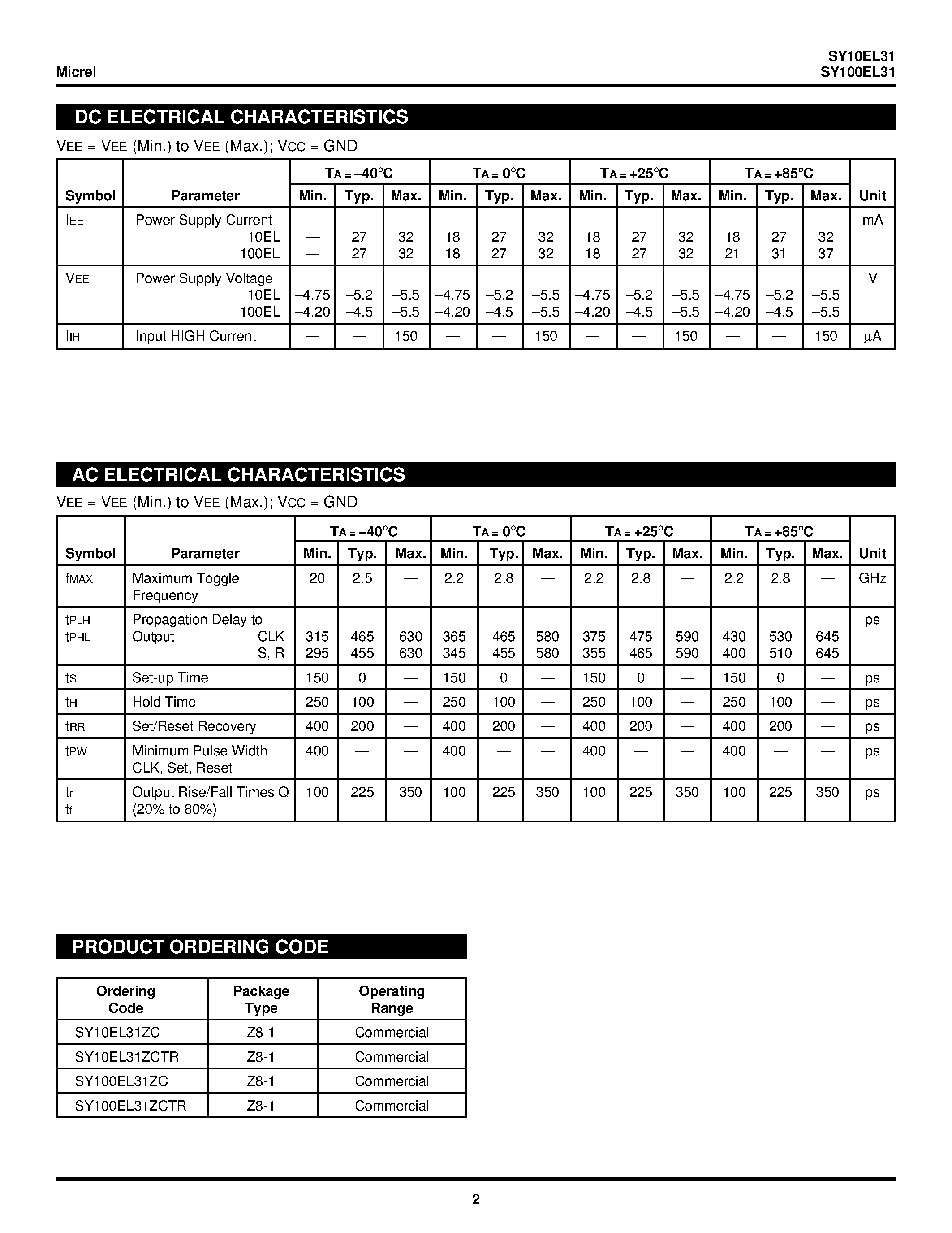 Даташит SY100EL31 - D FLIP-FLOP WITH SET AND RESET страница 2