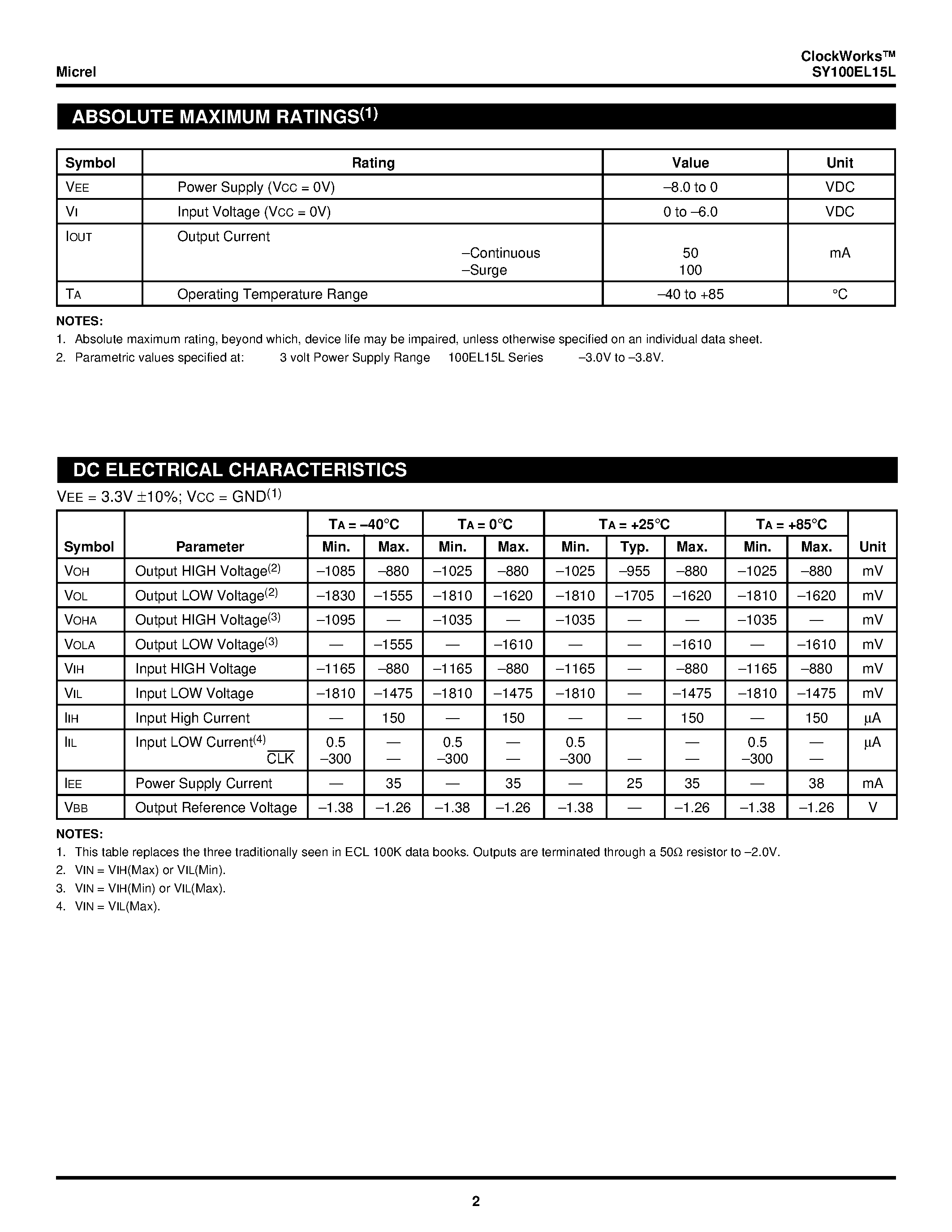 Datasheet SY100EL15L - 3.3V 1:4 CLOCK DISTRIBUTION page 2