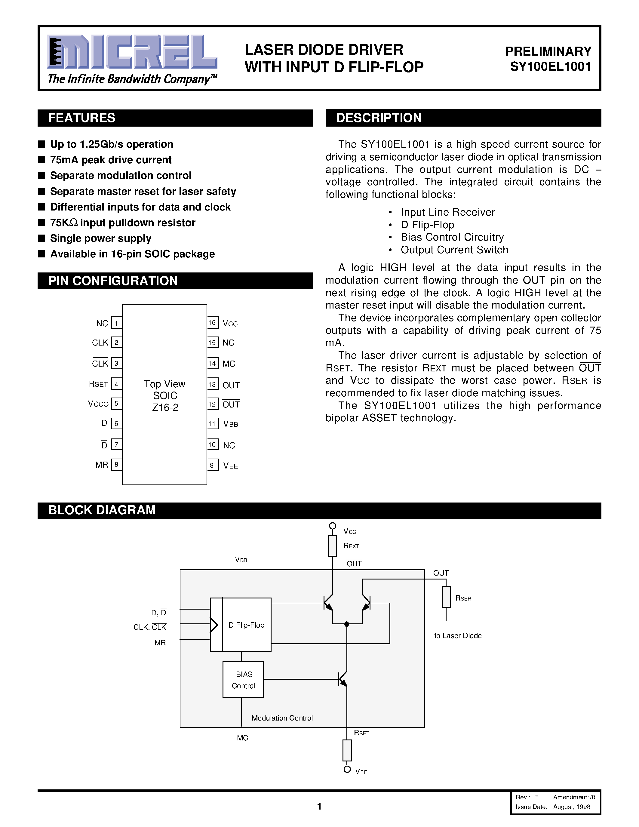 Даташит SY100EL1001 - LASER DIODE DRIVER WITH INPUT D FLIP-FLOP страница 1
