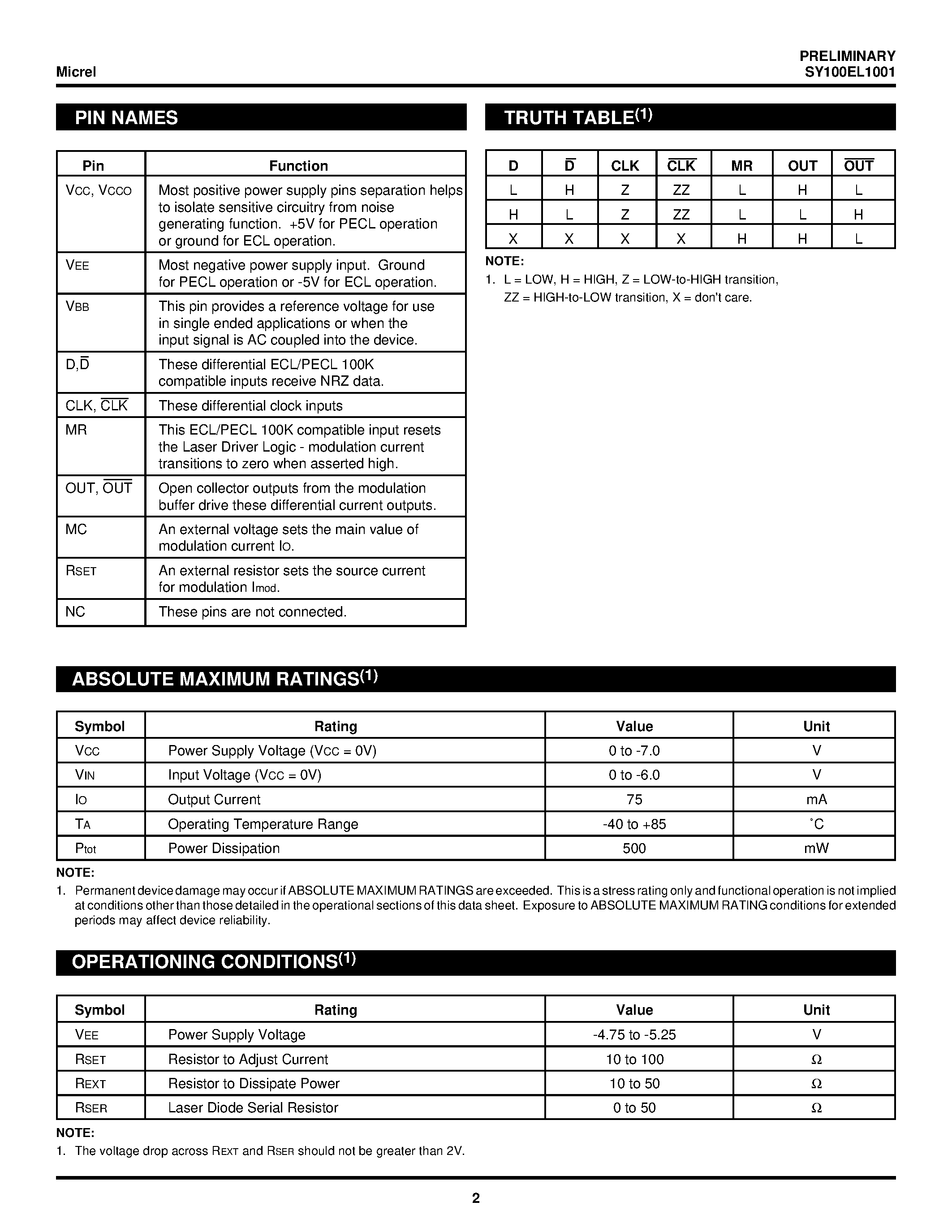 Даташит SY100EL1001 - LASER DIODE DRIVER WITH INPUT D FLIP-FLOP страница 2