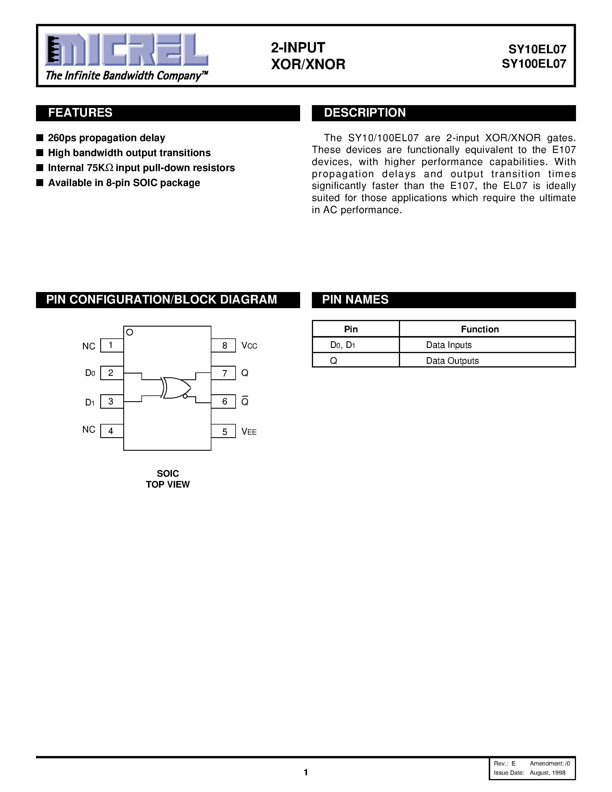 Datasheet SY100EL07 - 2-INPUT XOR/XNOR page 1