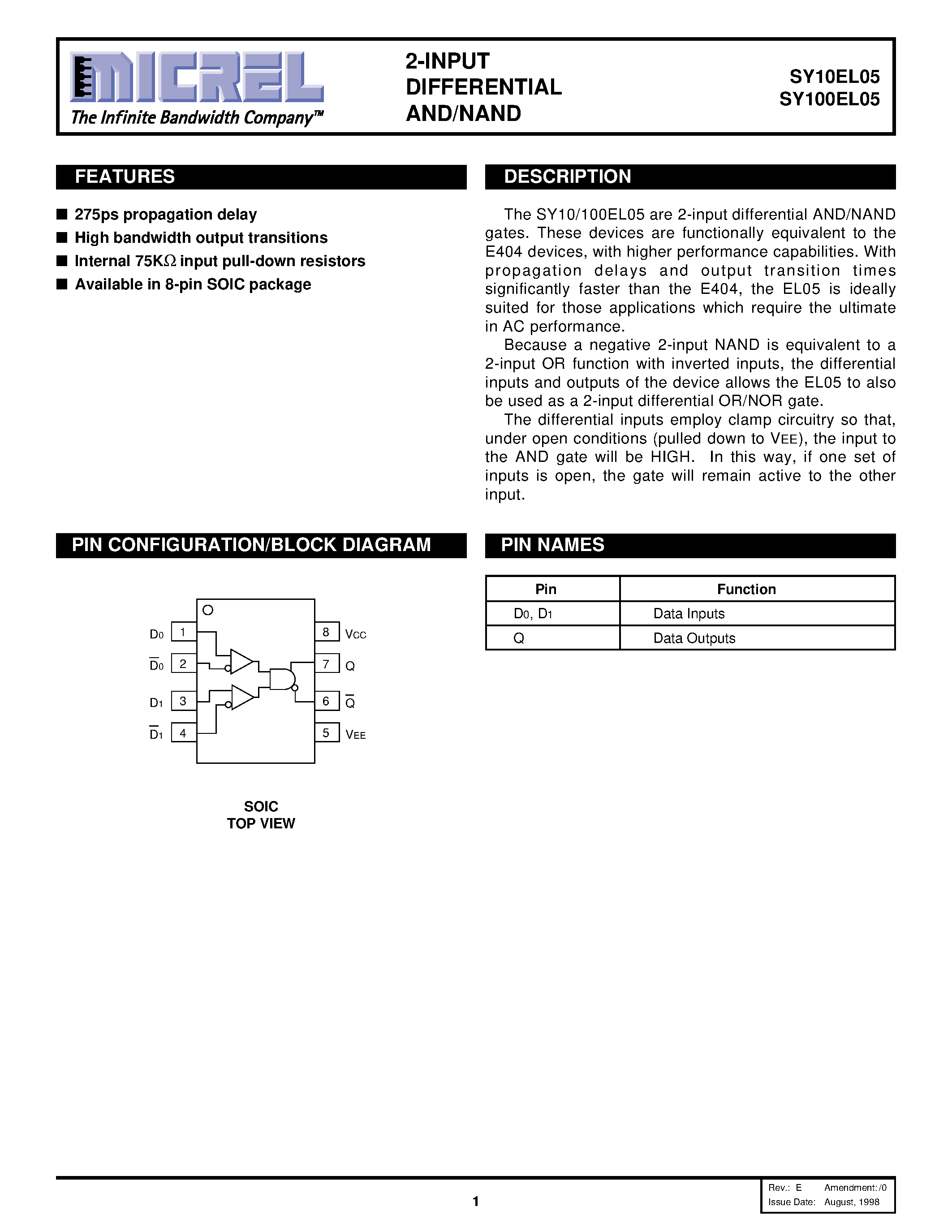 Datasheet SY100EL05 - 2-INPUT DIFFERENTIAL AND/NAND page 1