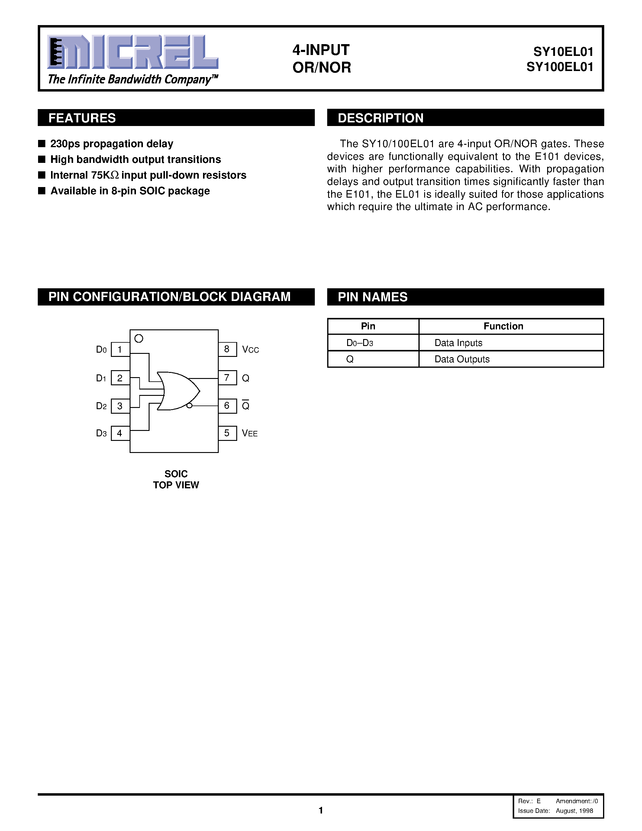 Даташит SY100EL01 - 4-INPUT OR/NOR страница 1
