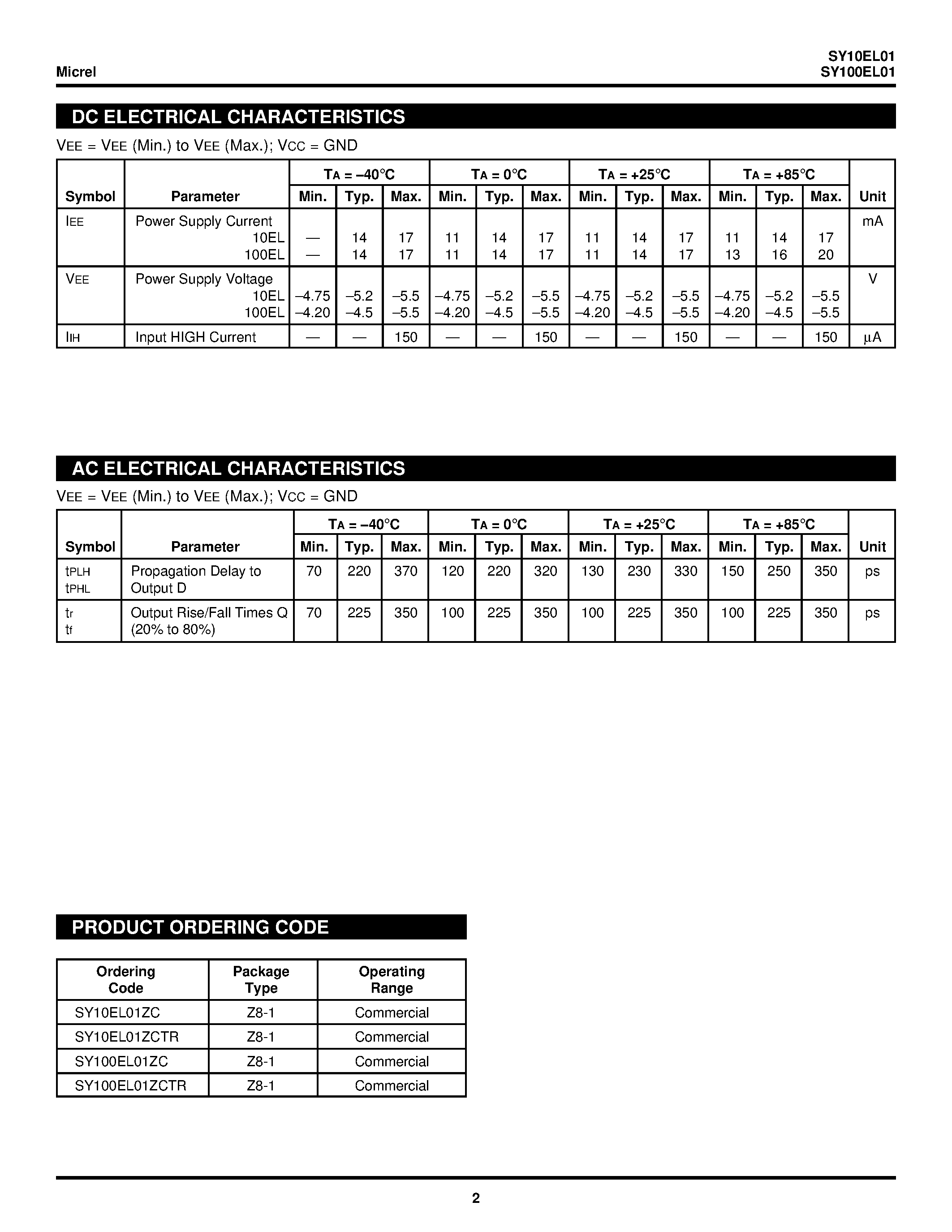 Даташит SY100EL01 - 4-INPUT OR/NOR страница 2