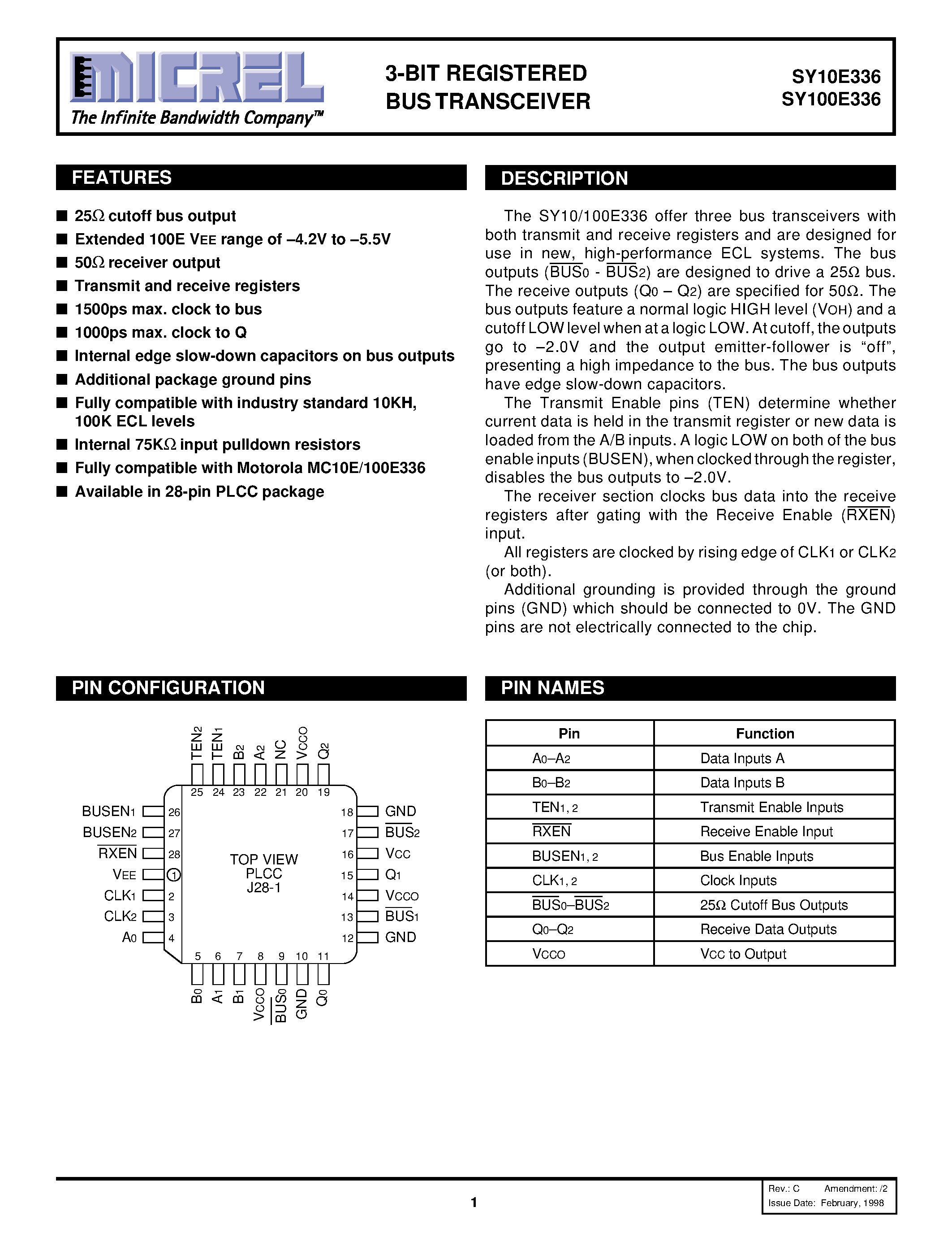 Datasheet SY100E336 - 3-BIT REGISTERED BUS TRANSCEIVER page 1