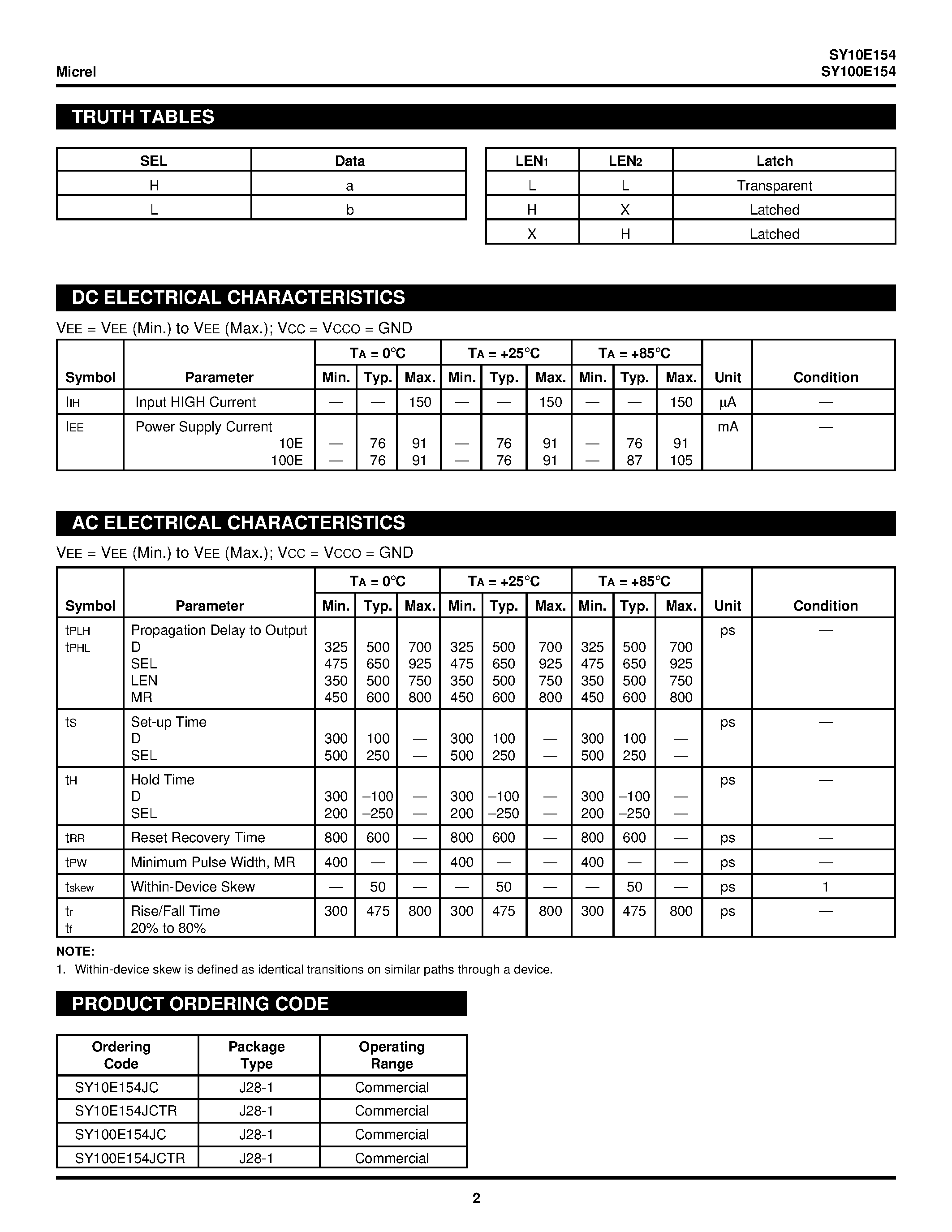 Datasheet SY100E154 - 5-BIT 2:1 MUX-LATCH page 2