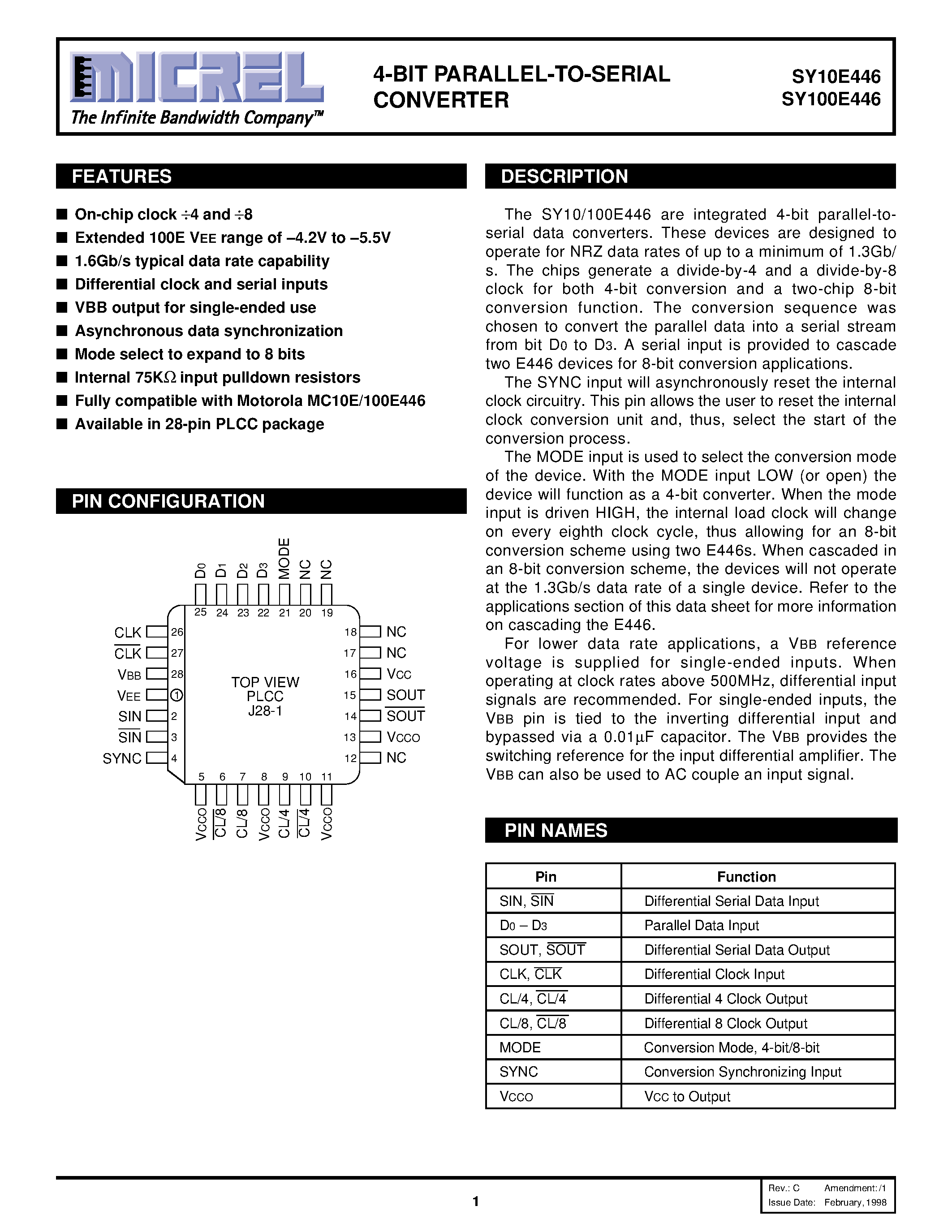 Datasheet SY100E446 - 4-BIT PARALLEL-TO-SERIAL CONVERTER page 1