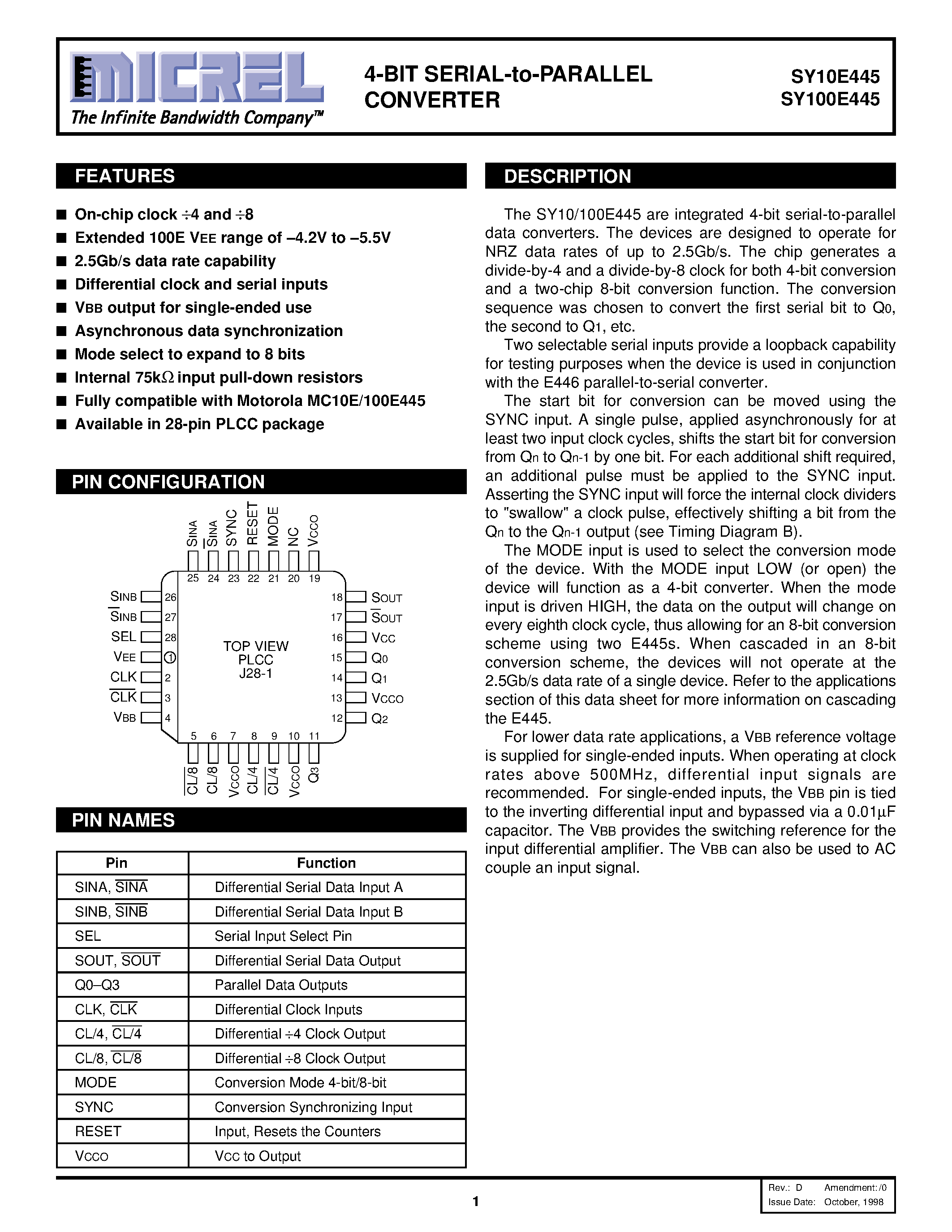 Datasheet SY100E445 - 4-BIT SERIAL-to-PARALLEL CONVERTER page 1