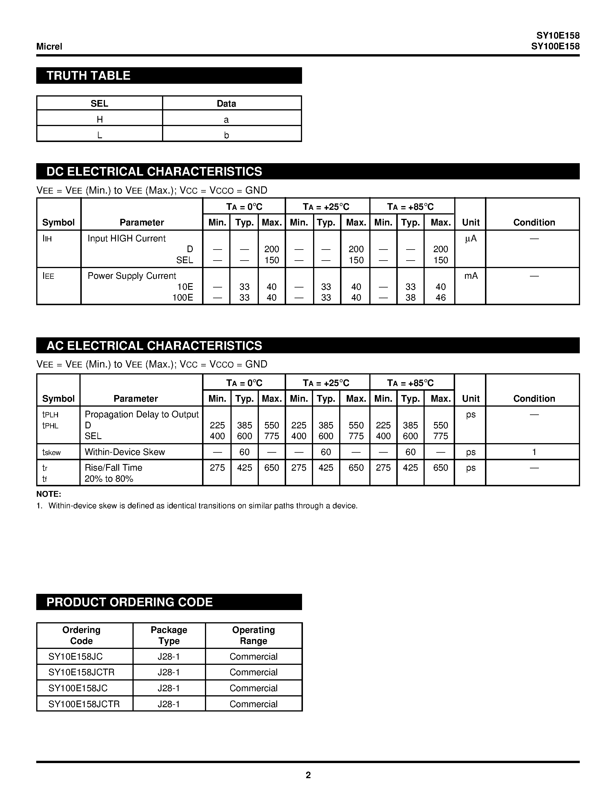 Datasheet SY100E158 - 5-BIT 2:1 MULTIPLEXER page 2