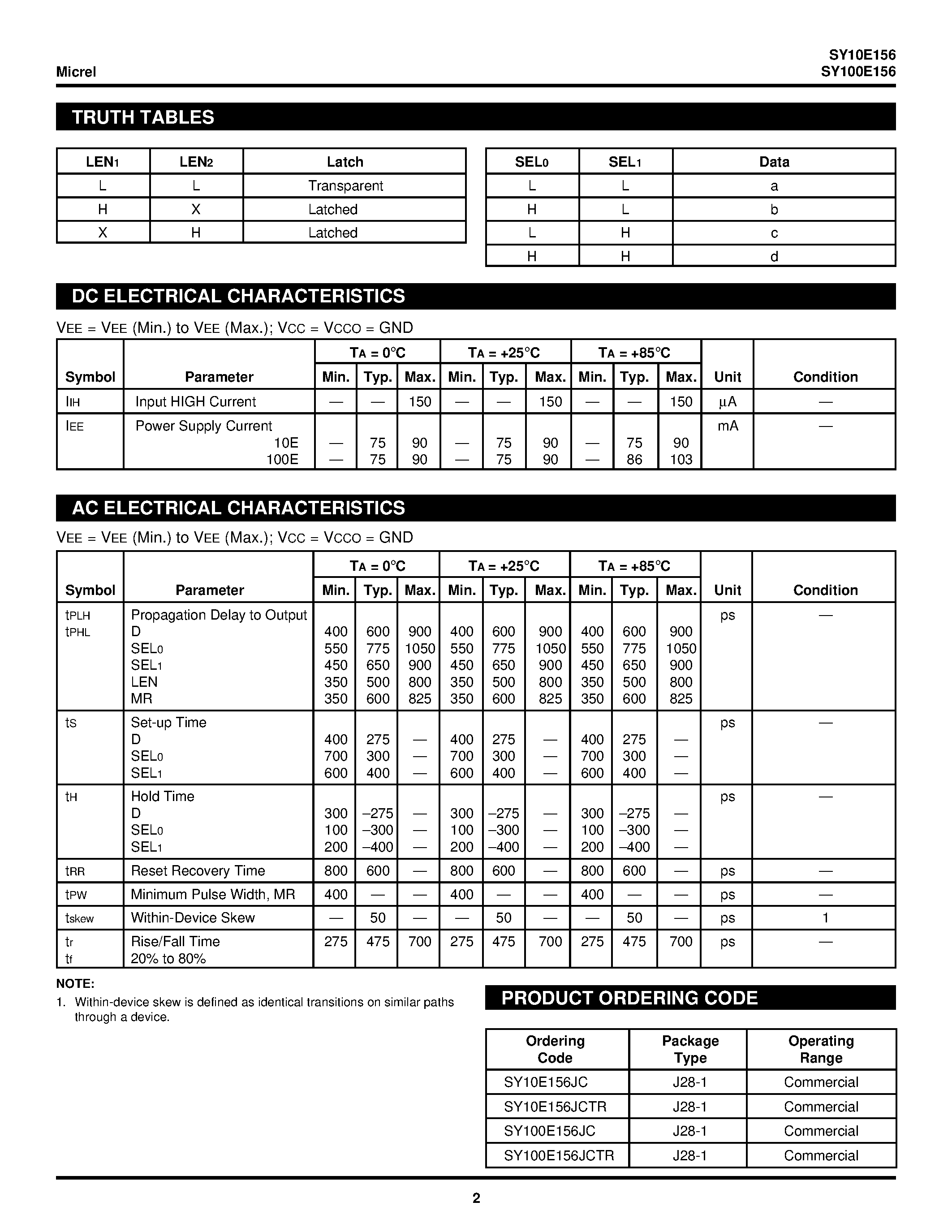 Datasheet SY100E156 - 3-BIT 4:1 MUX-LATCH page 2