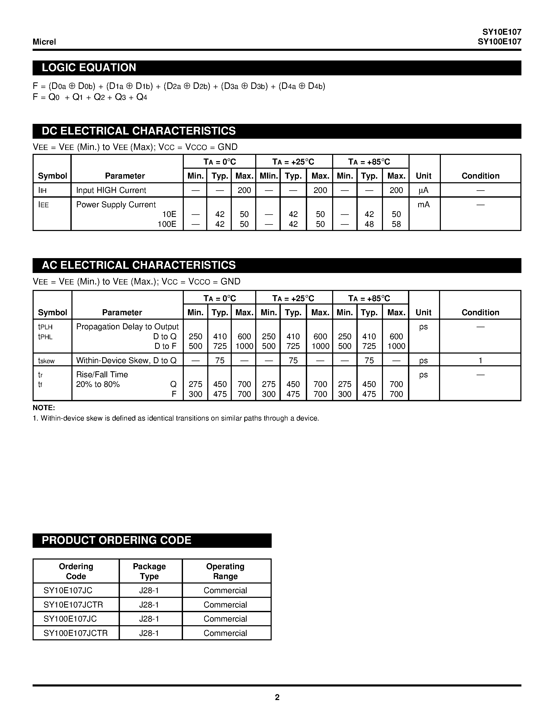 Datasheet SY100E107 - QUINT 2-INPUT XOR/XNOR GATE page 2