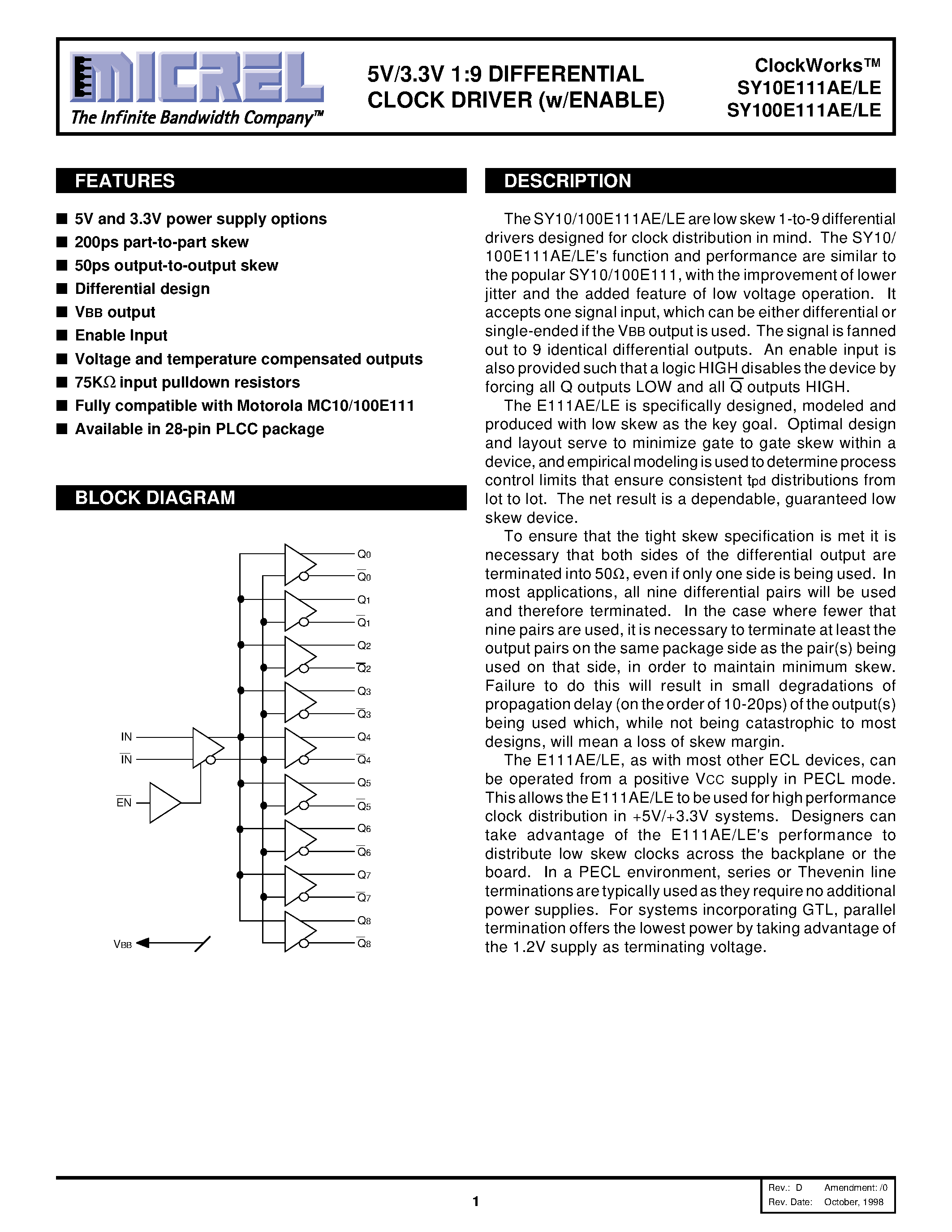 Даташит на микросхему SY100E111 страница 1 Даташит SY100E111 - 5V/3.3V 1:9 DIFFERENTIAL CLOCK DRIVER (w/ENABLE) страница 1