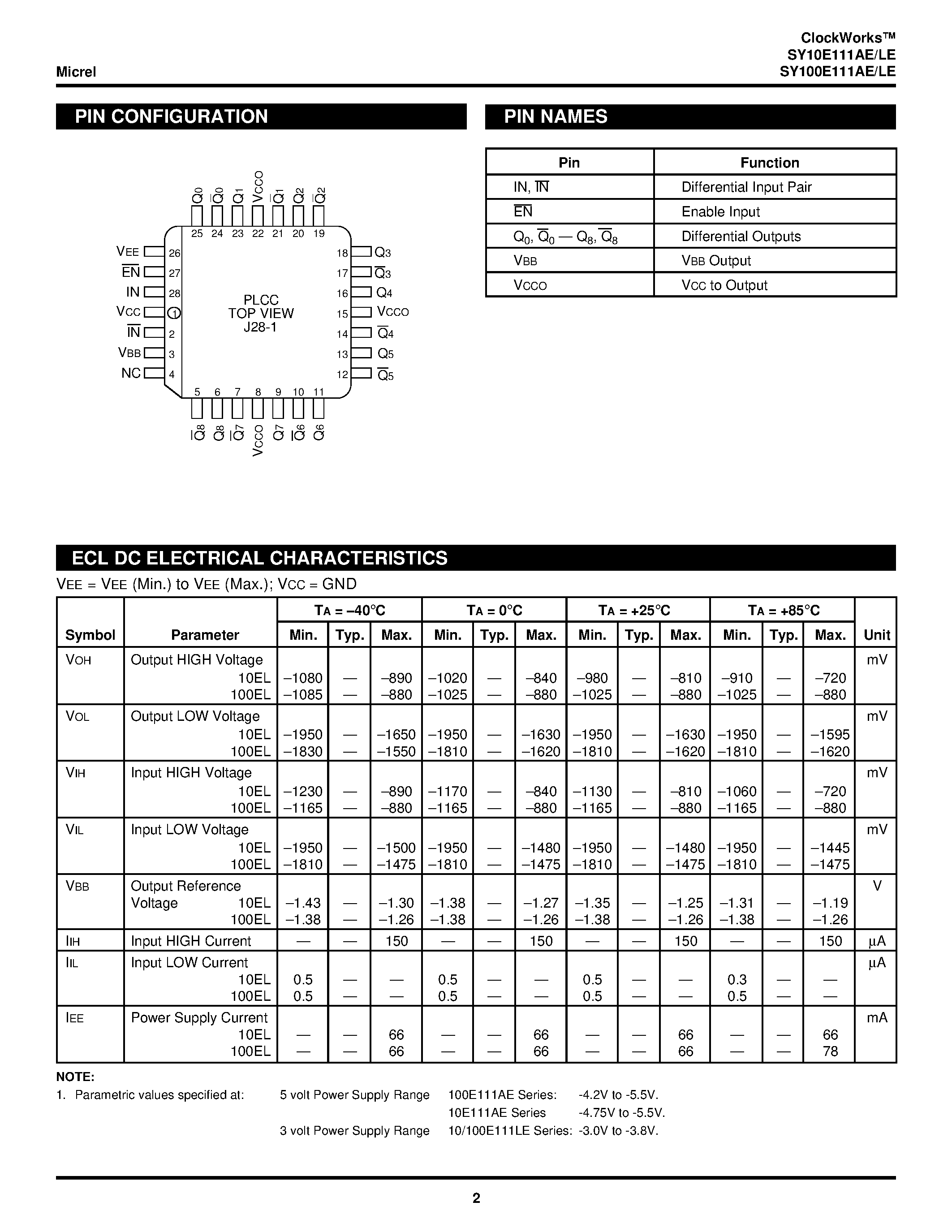 Даташит на микросхему SY100E111 страница 2 Даташит SY100E111 - 5V/3.3V 1:9 DIFFERENTIAL CLOCK DRIVER (w/ENABLE) страница 2