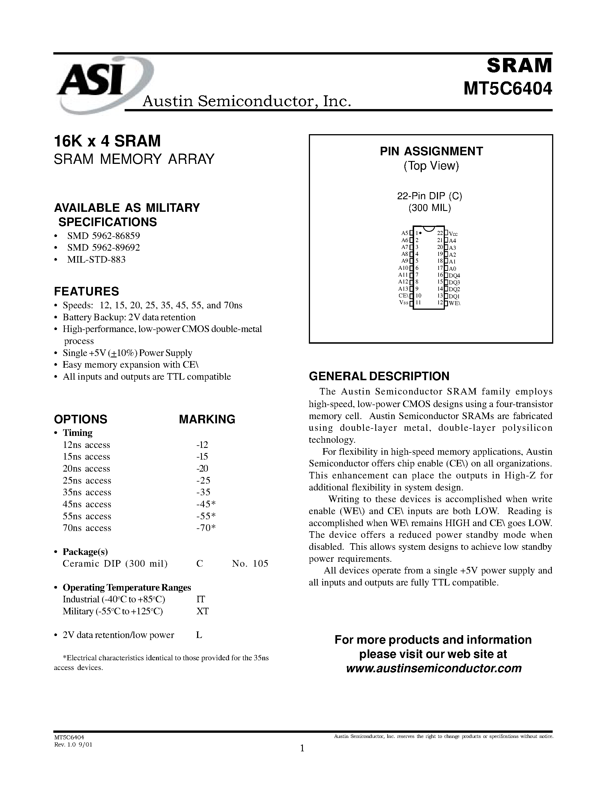 Datasheet MT5C6404 - 16K x 4 SRAM SRAM MEMORY ARRAY page 1