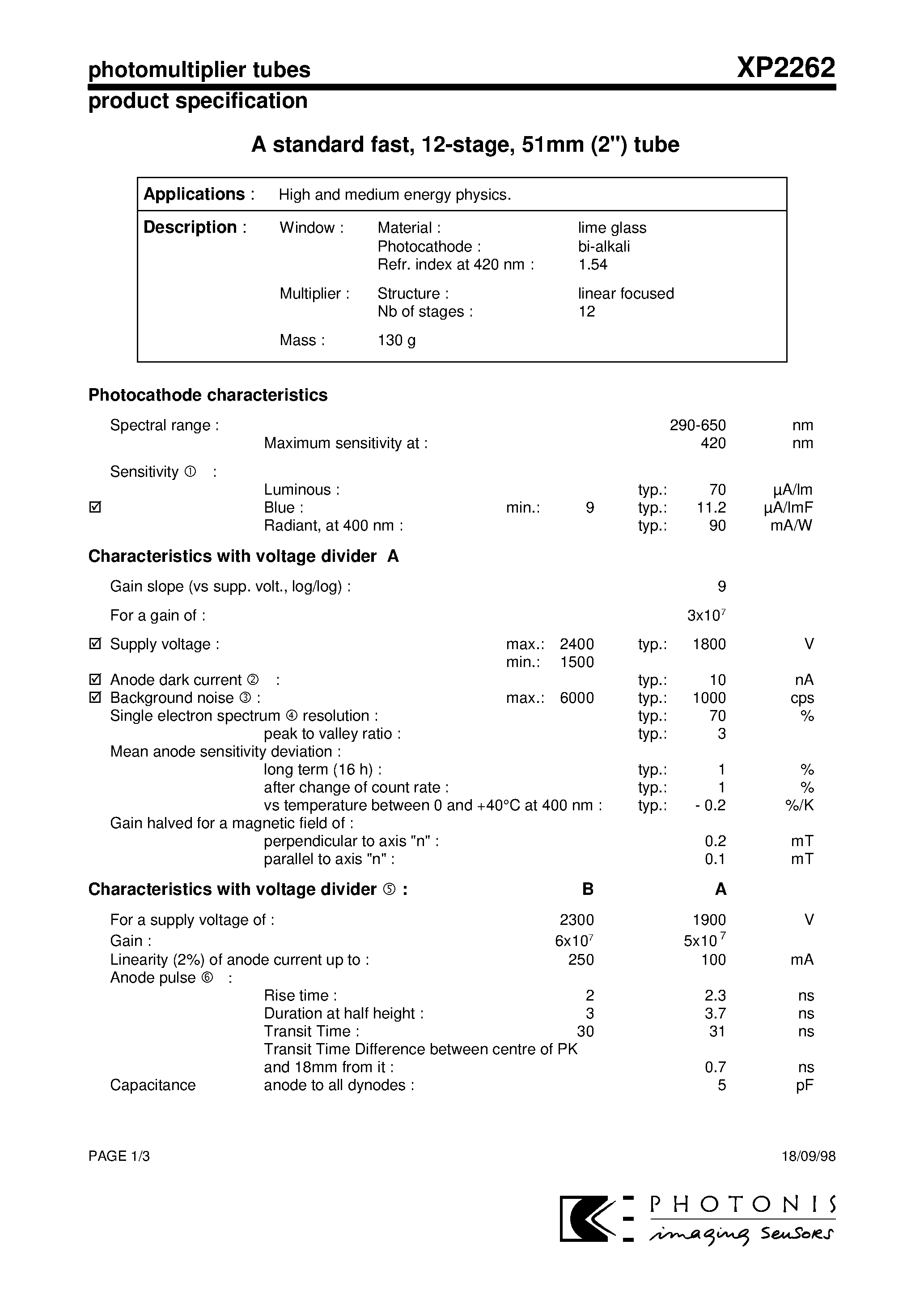 Даташит на микросхему XP2262 страница 1 Даташит XP2262 - A standard fast / 12-stage / 51mm (2) tube страница 1
