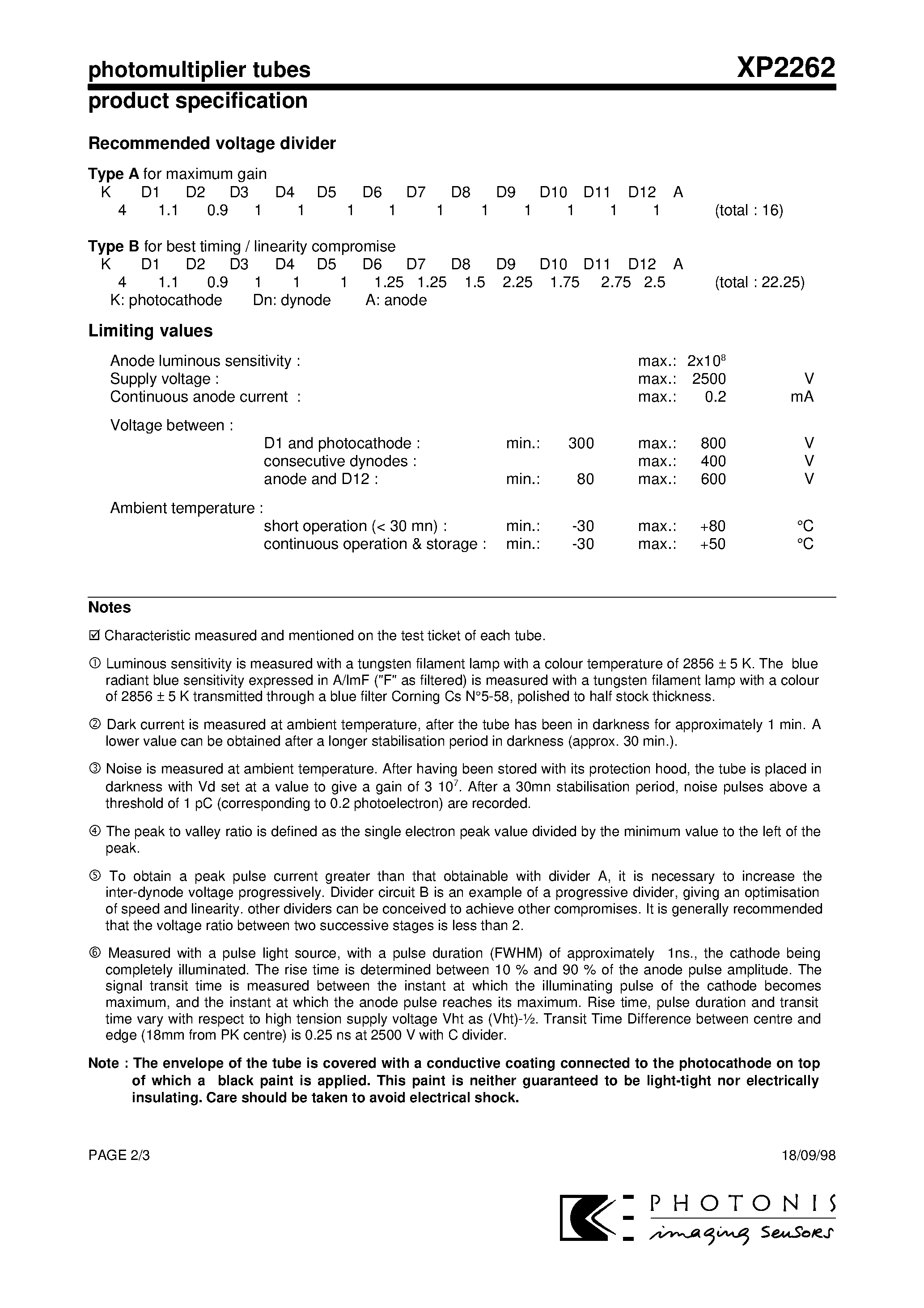 Даташит на микросхему XP2262 страница 2 Даташит XP2262 - A standard fast / 12-stage / 51mm (2) tube страница 2