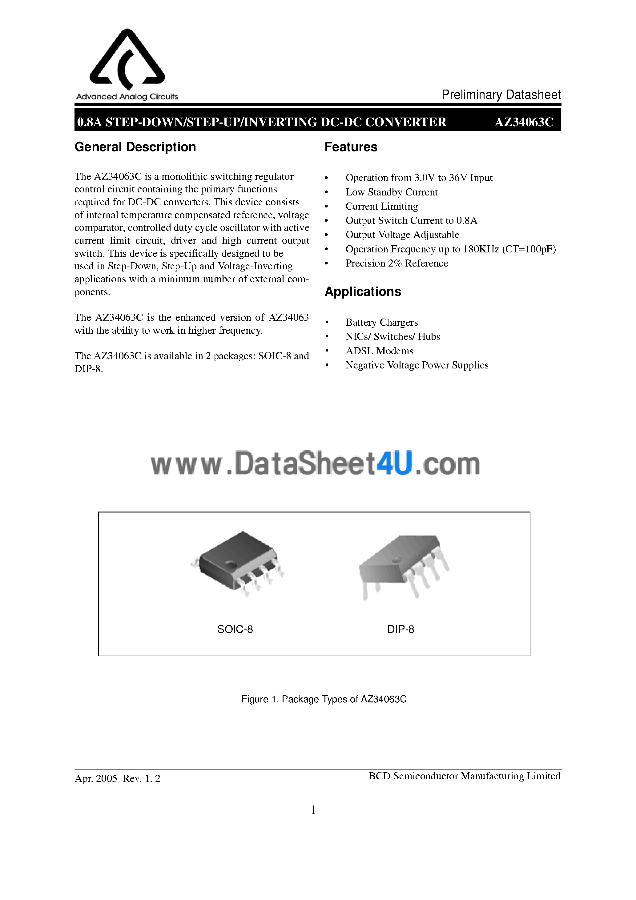 Даташит AZ34063C - 0.8A Step-Down / Step-Up / Inverting DC-DC Converter страница 1