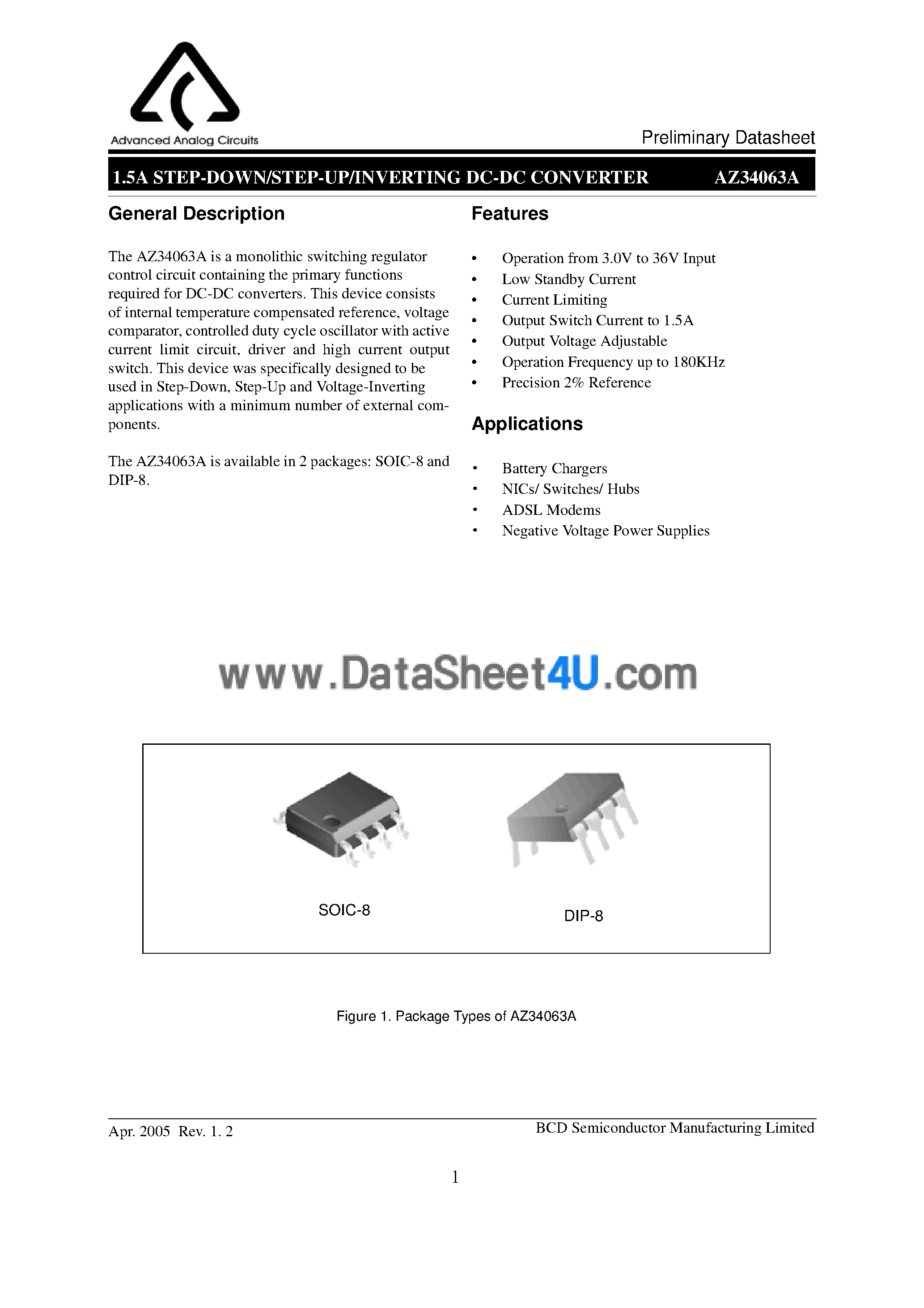 Даташит AZ34063A - 1.5A Step-Down / Step-Up / Inverting DC-DC Converter страница 1
