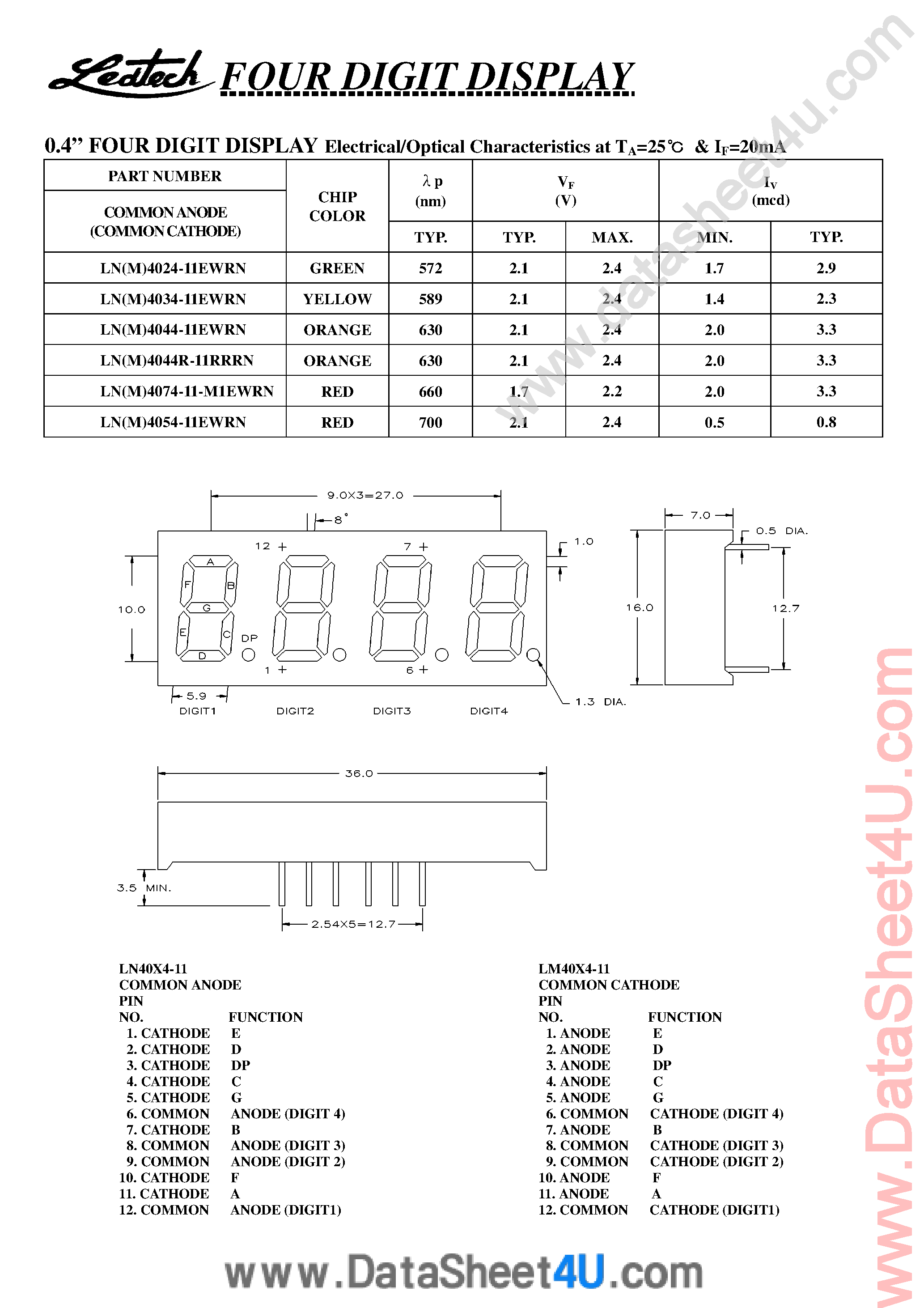 Даташит на микросхему LM4024-11EWRN страница 1 Даташит LM4024-11EWRN - (LM40xx-xxx) 0.4 Four Digital Display страница 1