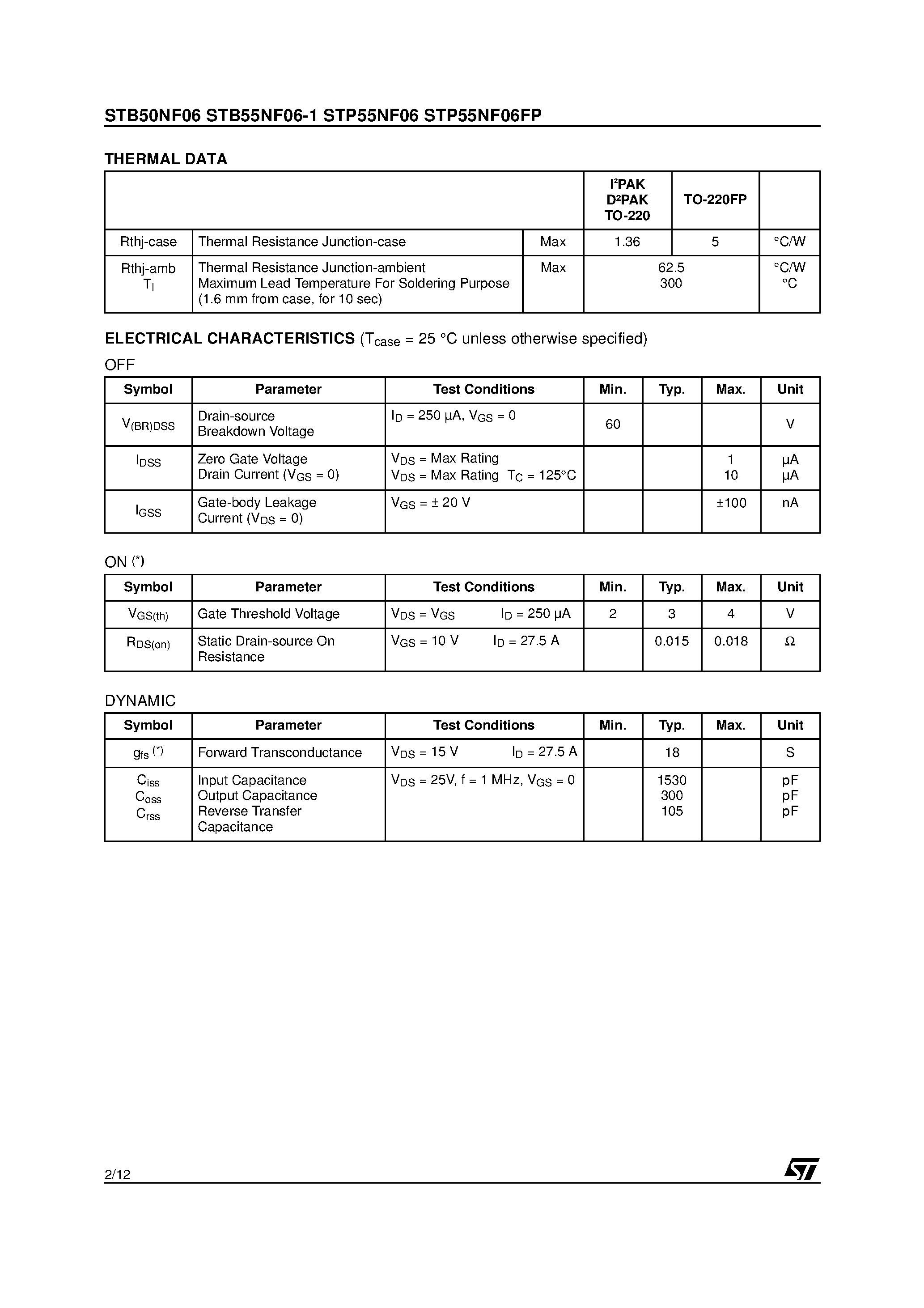 Datasheet STP55NF06 - N-CHANNEL POWER MOSFET page 2