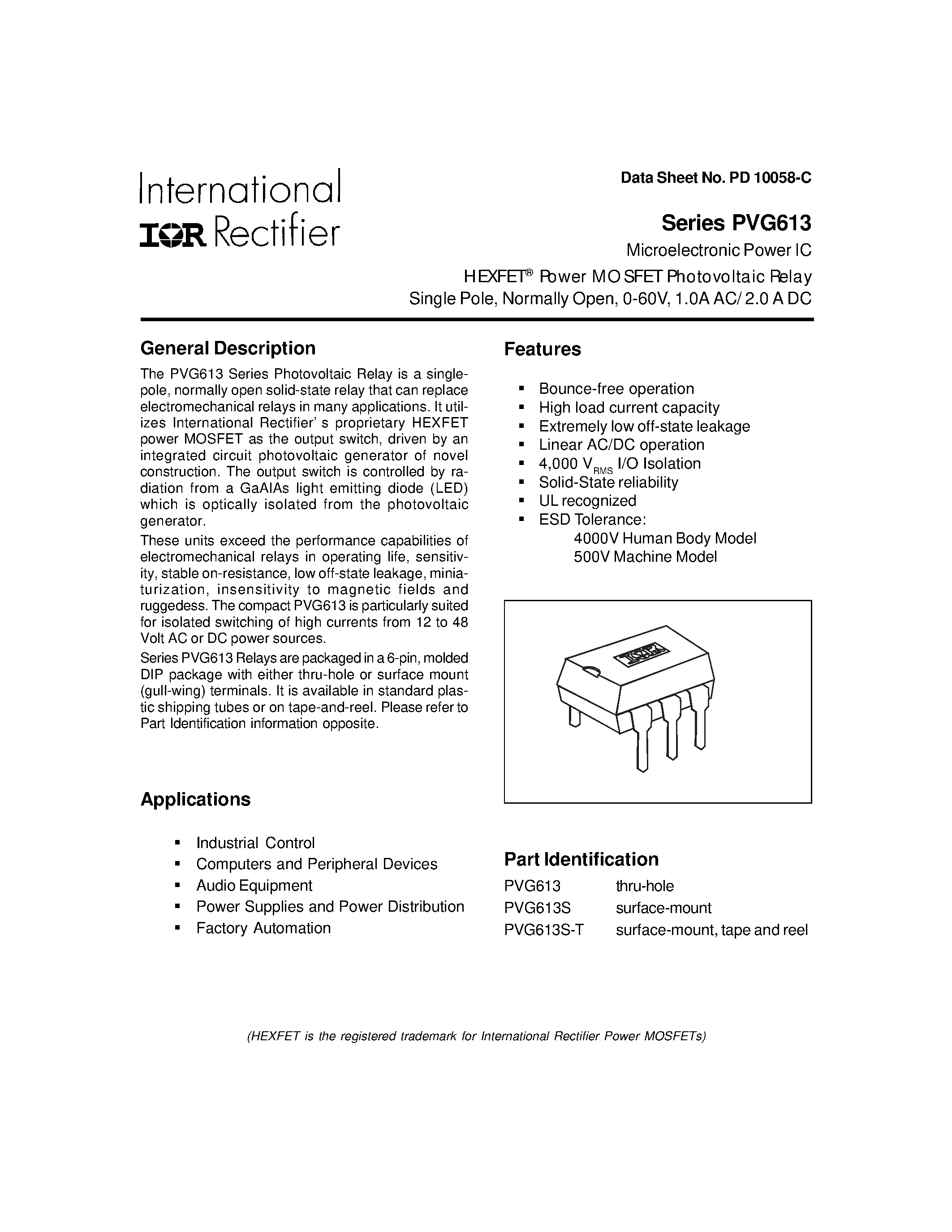 Datasheet PVG613 - HEXFET Power MOSFET Photovoltaic Relay Single Pole page 1