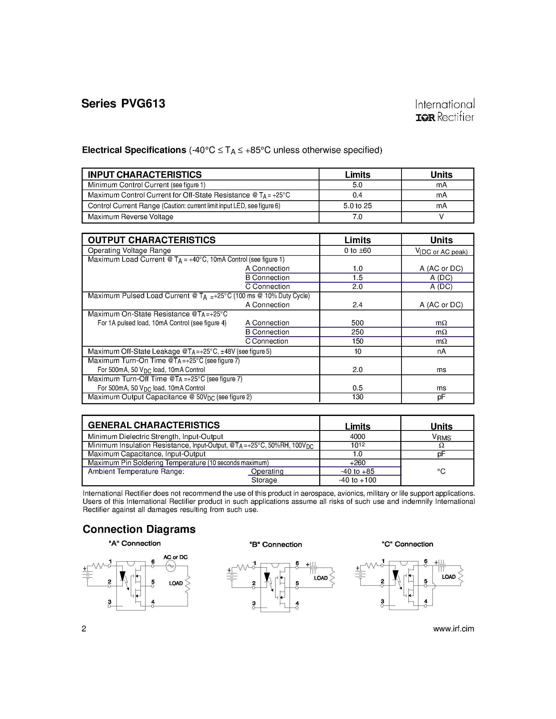 Datasheet PVG613 - HEXFET Power MOSFET Photovoltaic Relay Single Pole page 2